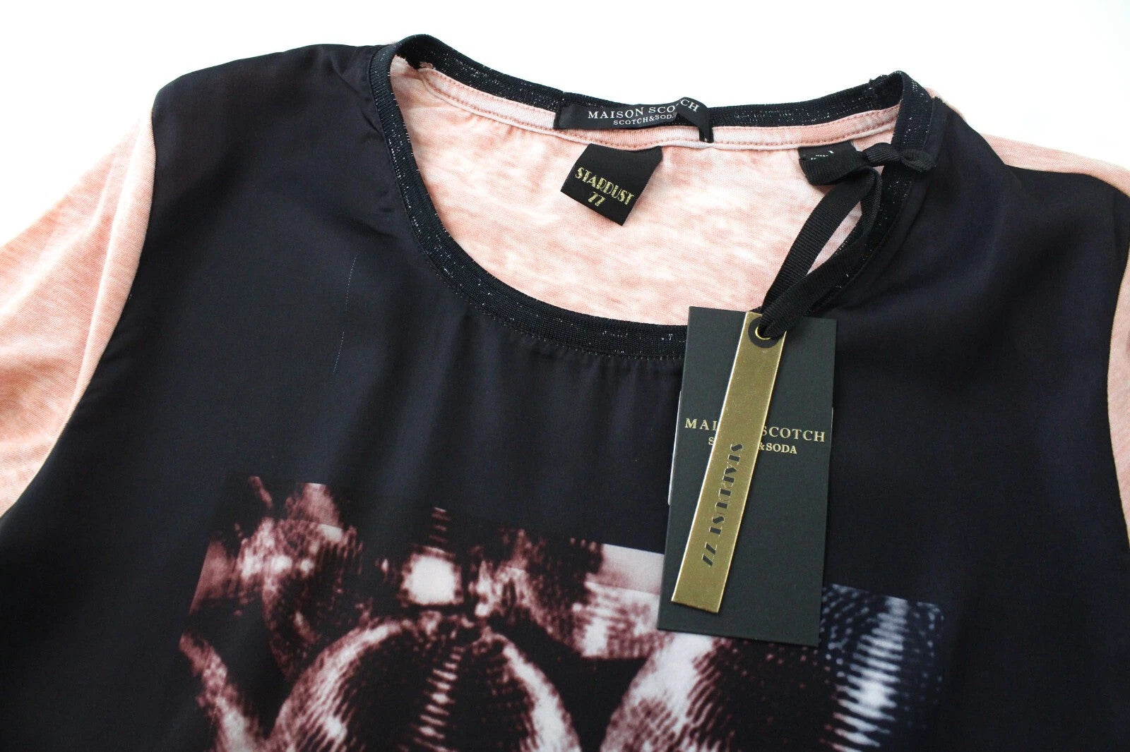 MAISON SCOTCH Women's Tee S Pink Disco Print Cotton Blend 3/4 Sleeve Top