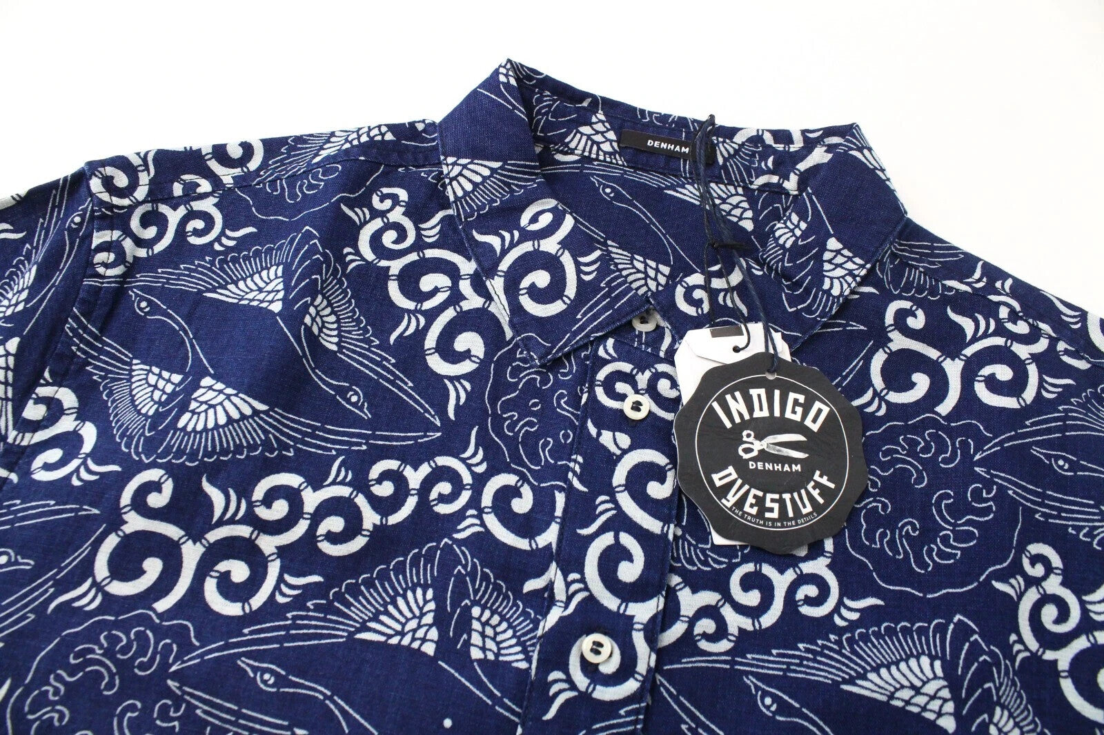 DENHAM Stories Men's Shirt S Navy Cotton Linen Long Sleeve Patterned Button-Up