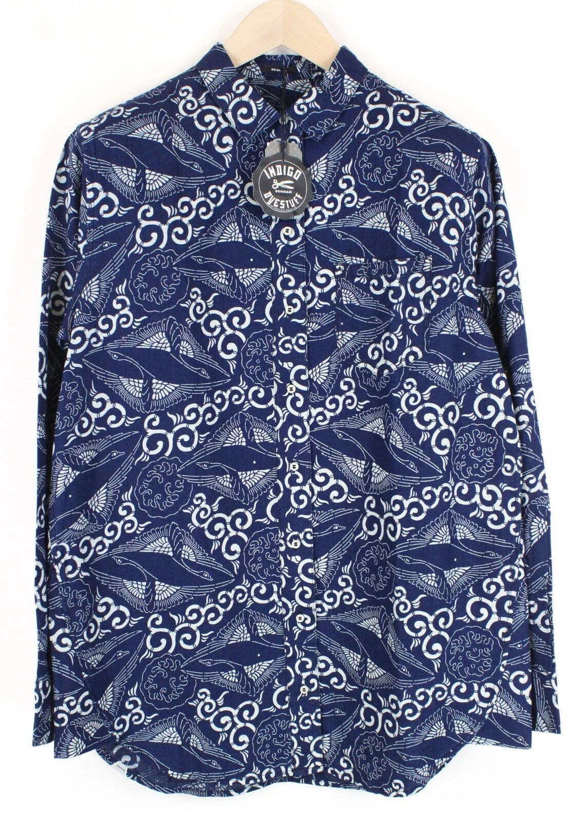 DENHAM Stories Men's Shirt S Navy Cotton Linen Long Sleeve Patterned Button-Up