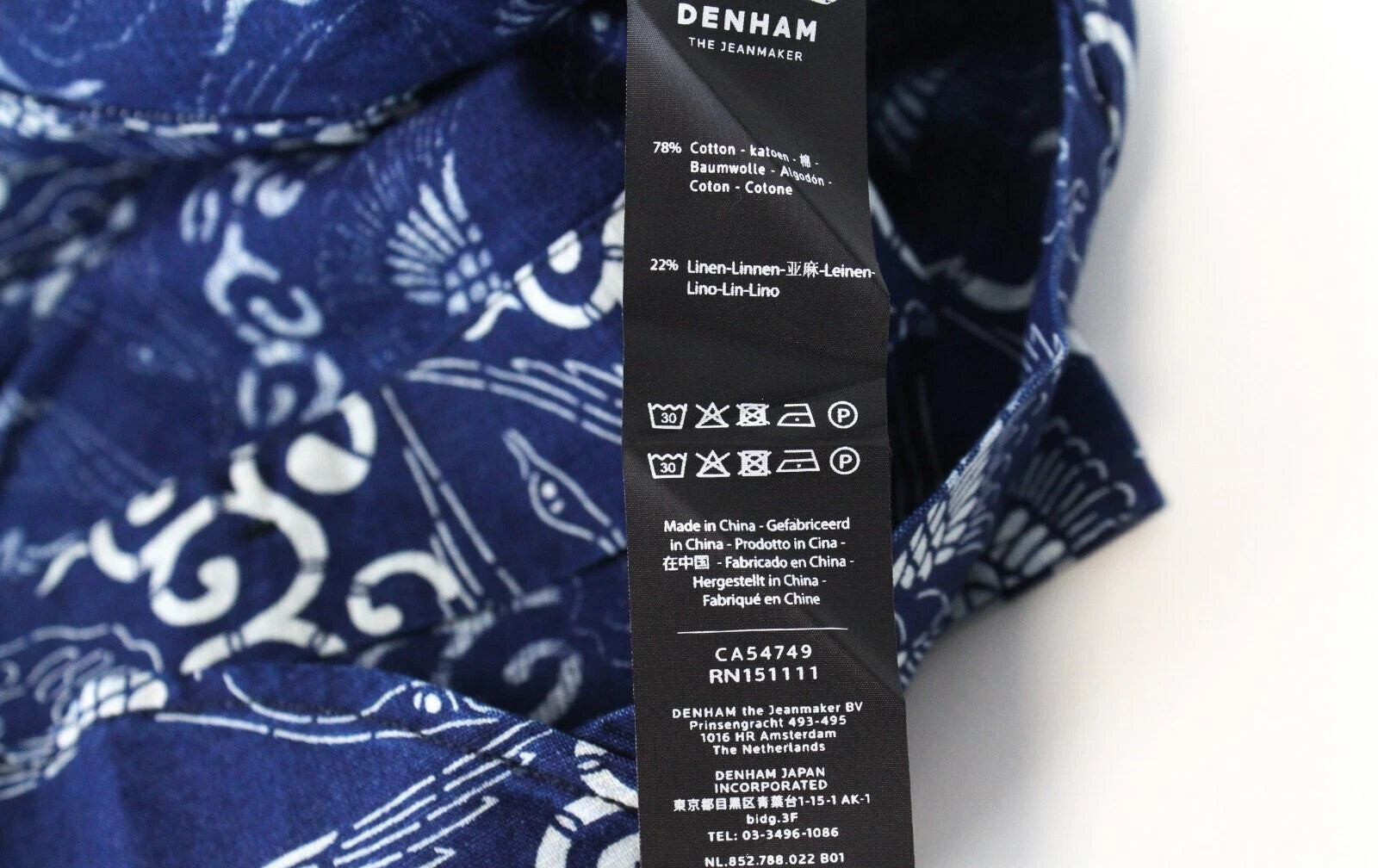 DENHAM Stories Men's Shirt S Navy Cotton Linen Long Sleeve Patterned Button-Up