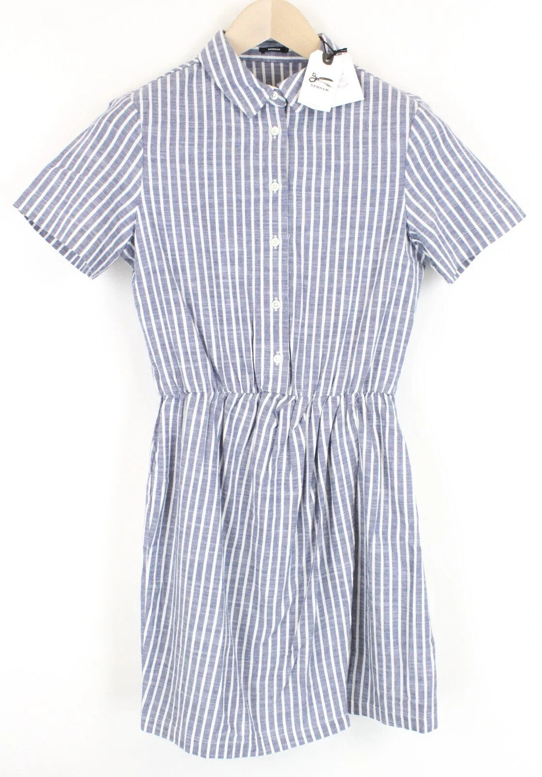 DENHAM Ellen Women's Dress XS Blue Striped Short Sleeve Cotton Half Button