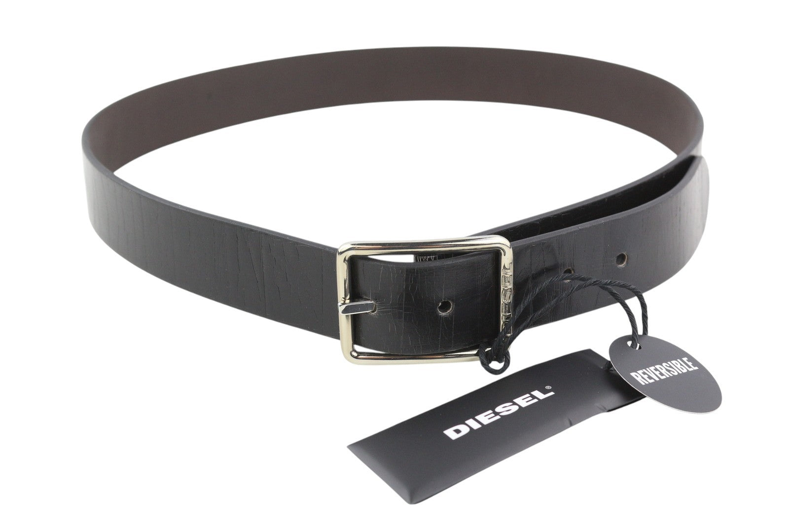 DIESEL B-Photo Men Belt 95 CM Reversible Leather Silver Tone Buckle Casual Black