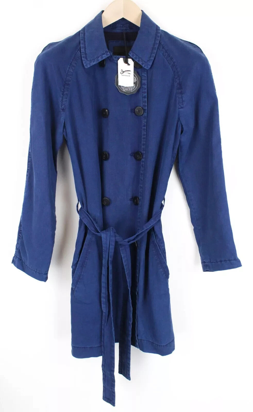 DENHAM Women's Coat XS Blue Belted Trench Lightweight Double-Breasted Summer
