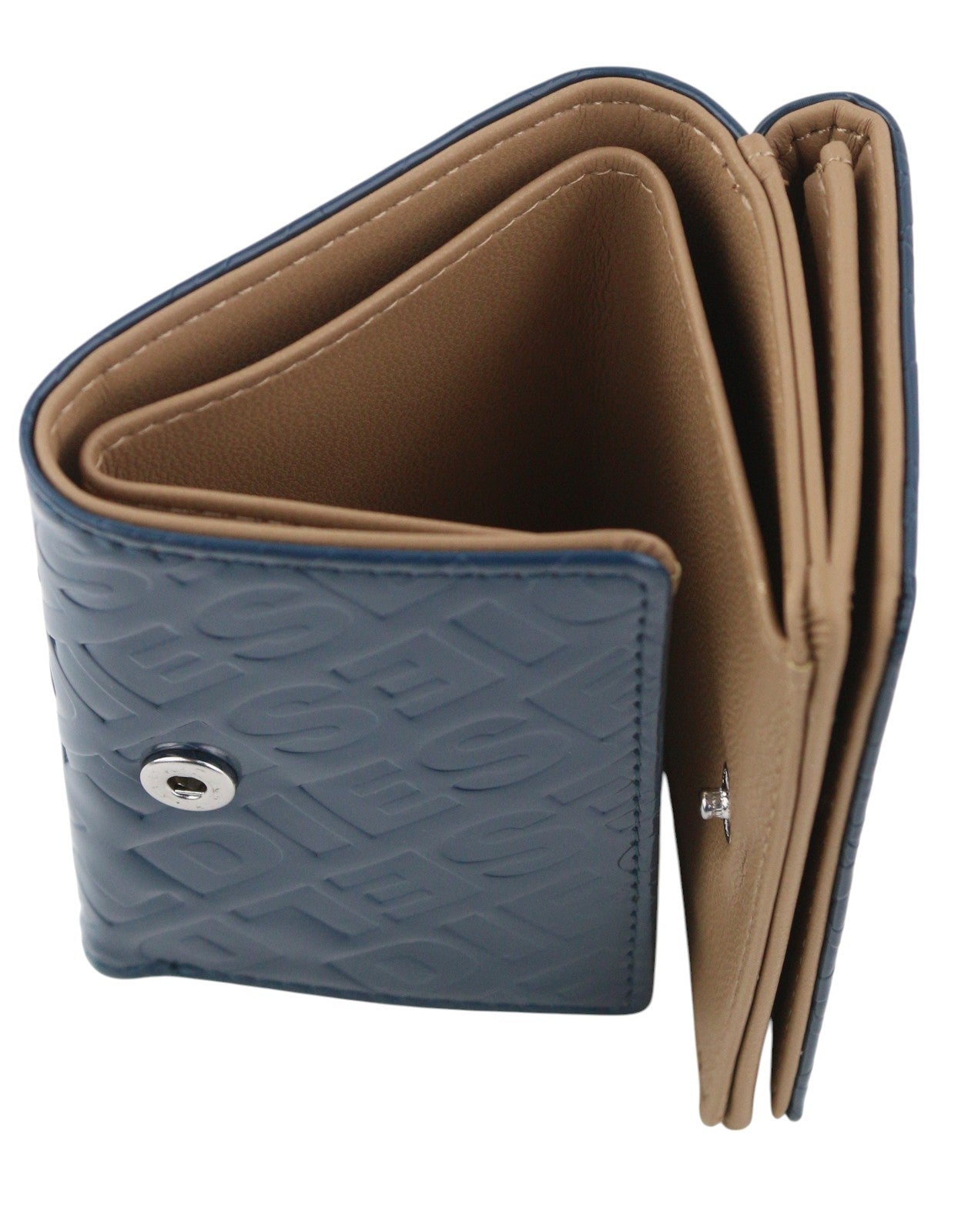 DIESEL Monogram Lorettina Women Wallet Dark Blue Brown Faux Leather Printed