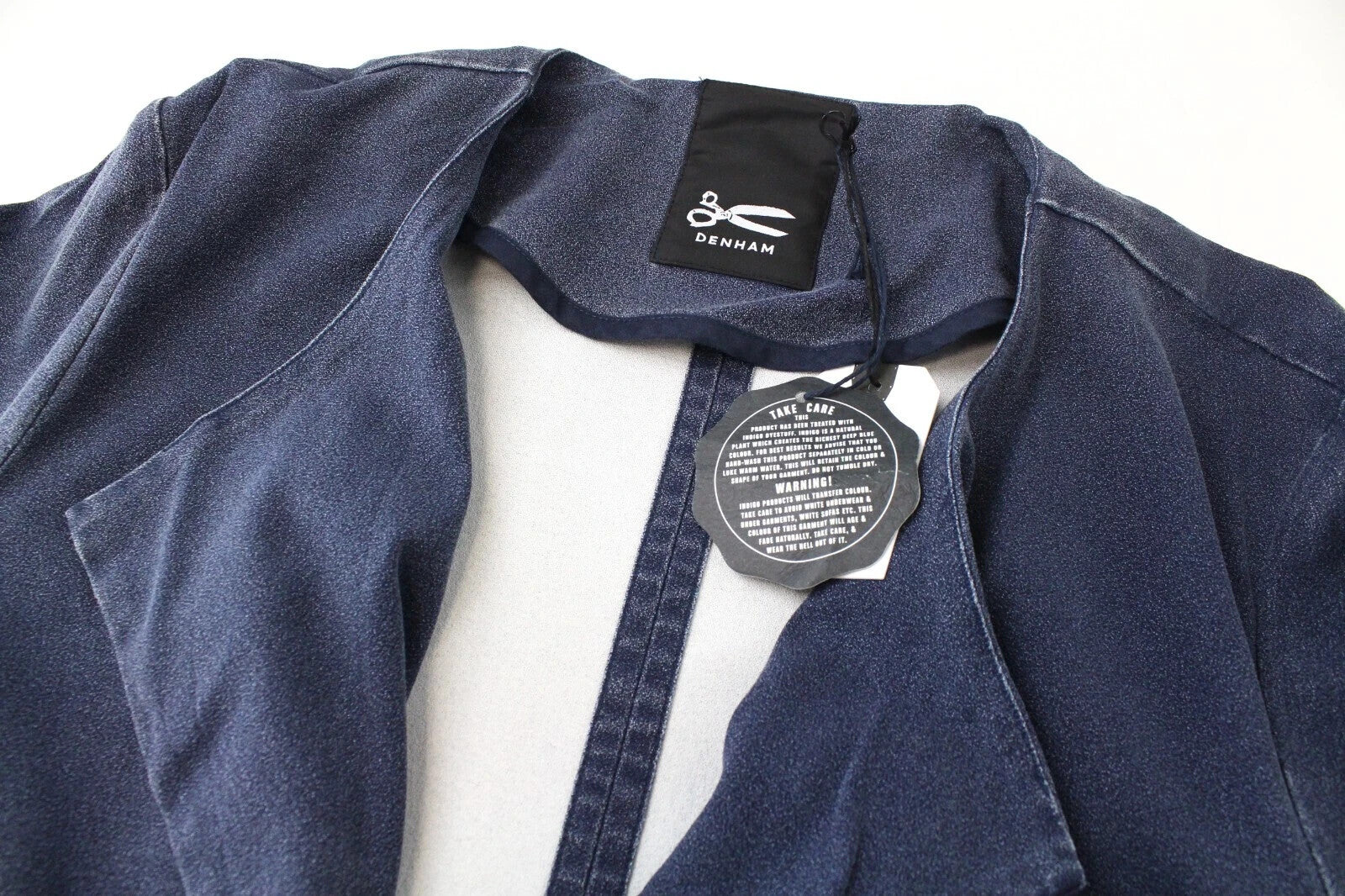 DENHAM Saint Indigo Women's Jacket S Blue Stretch Tied Lapel Long Sleeve