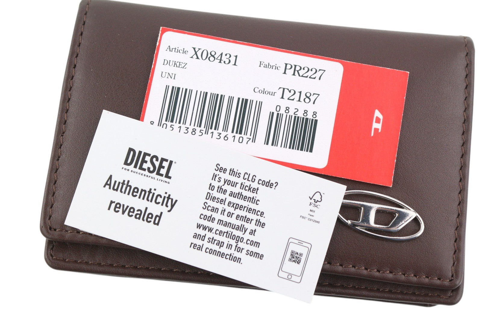 DIESEL Dukez Men Wallet OS Dark Brown Genuine Leather Silver Tone Detail Logo