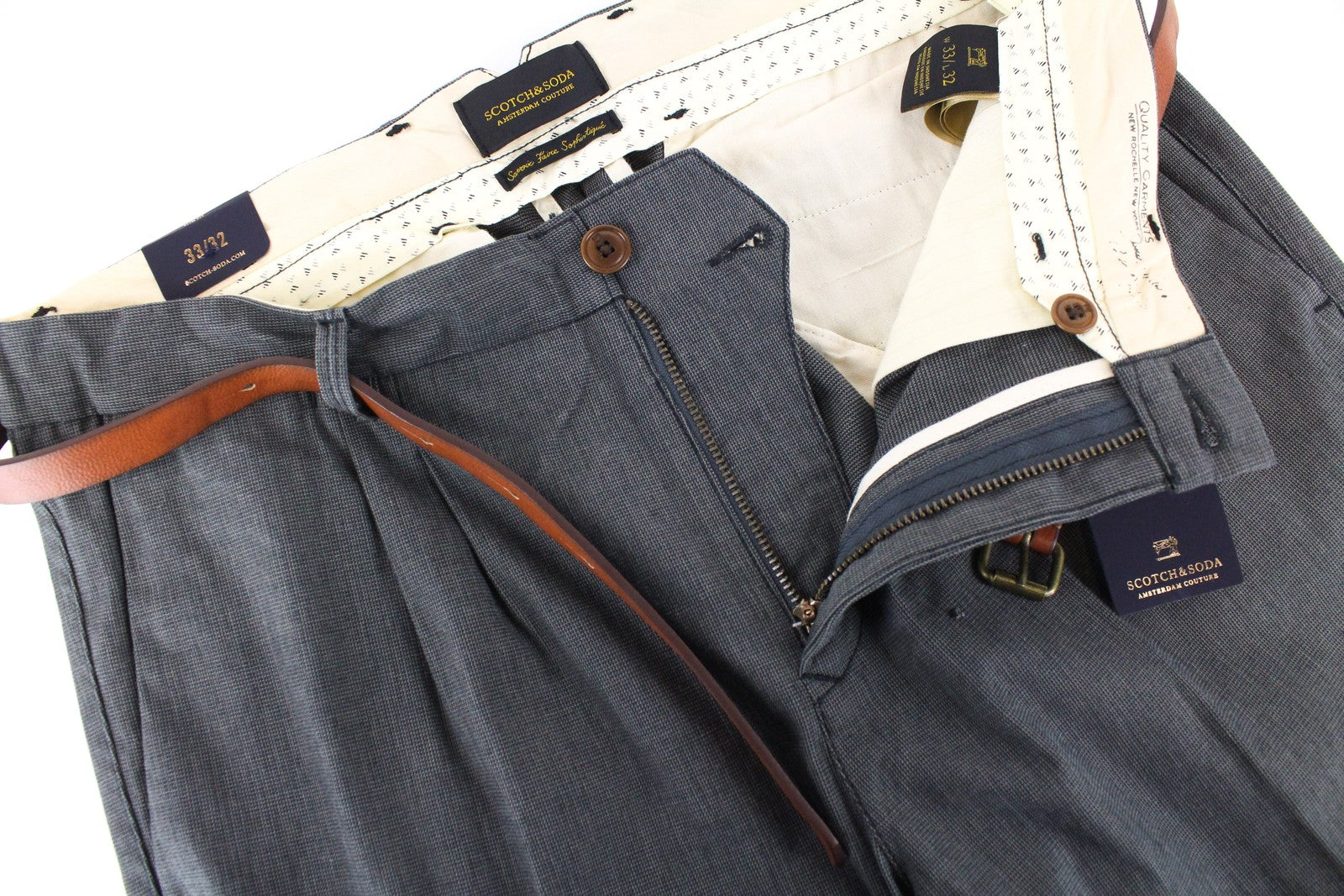 SCOTCH & SODA Stuart Men's Trousers W33/L32 Slim Pleated Grey Cotton Belted