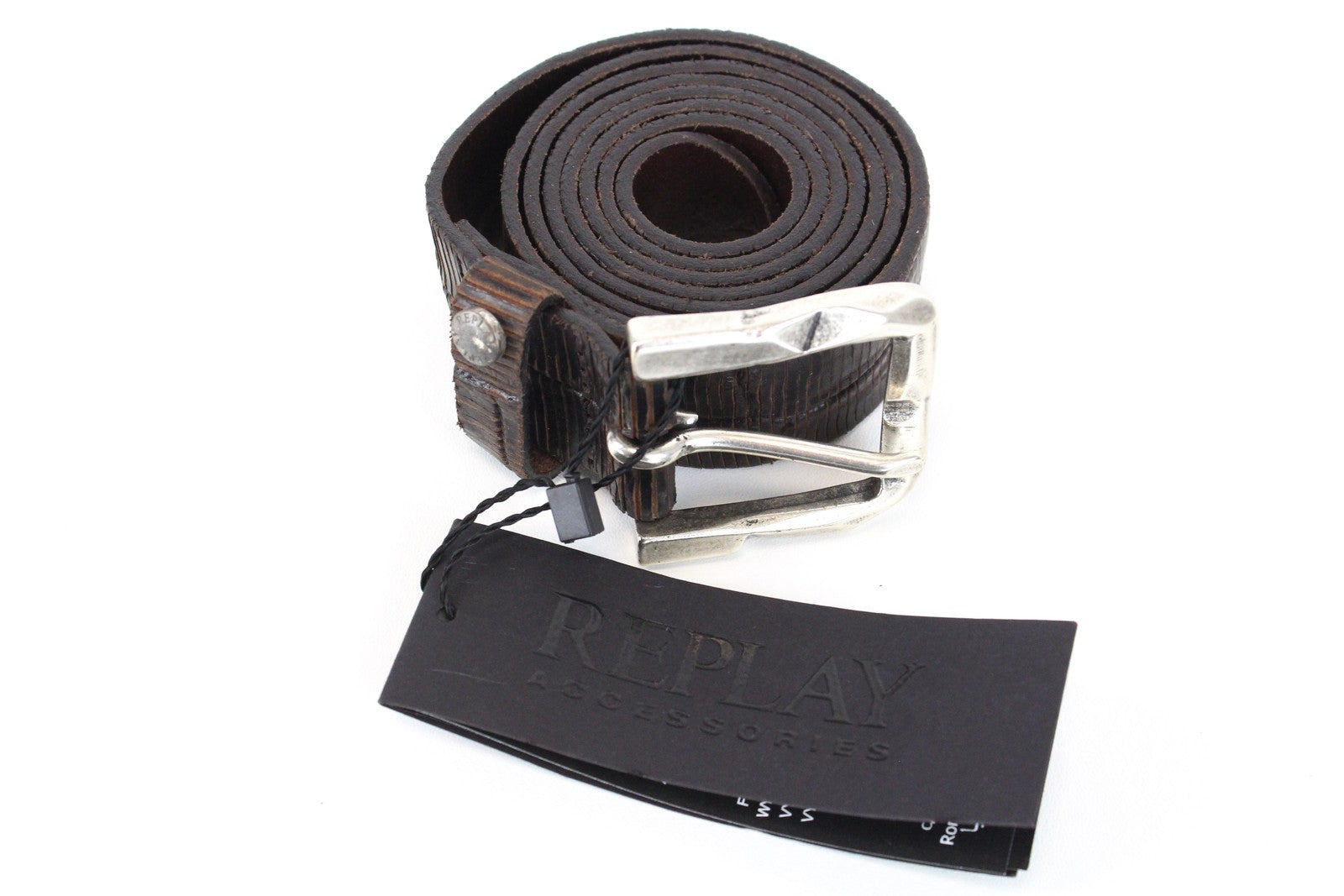 REPLAY Men's Belt 100 cm Brown Cow Leather Buckle Patterned Metal Fastener