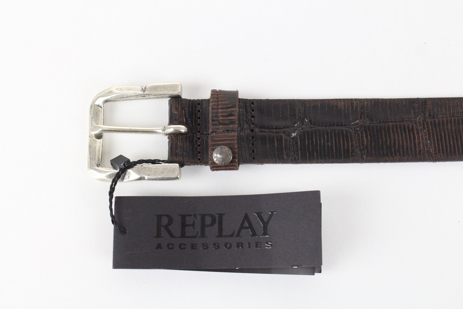 REPLAY Men's Belt 100 cm Brown Cow Leather Buckle Patterned Metal Fastener