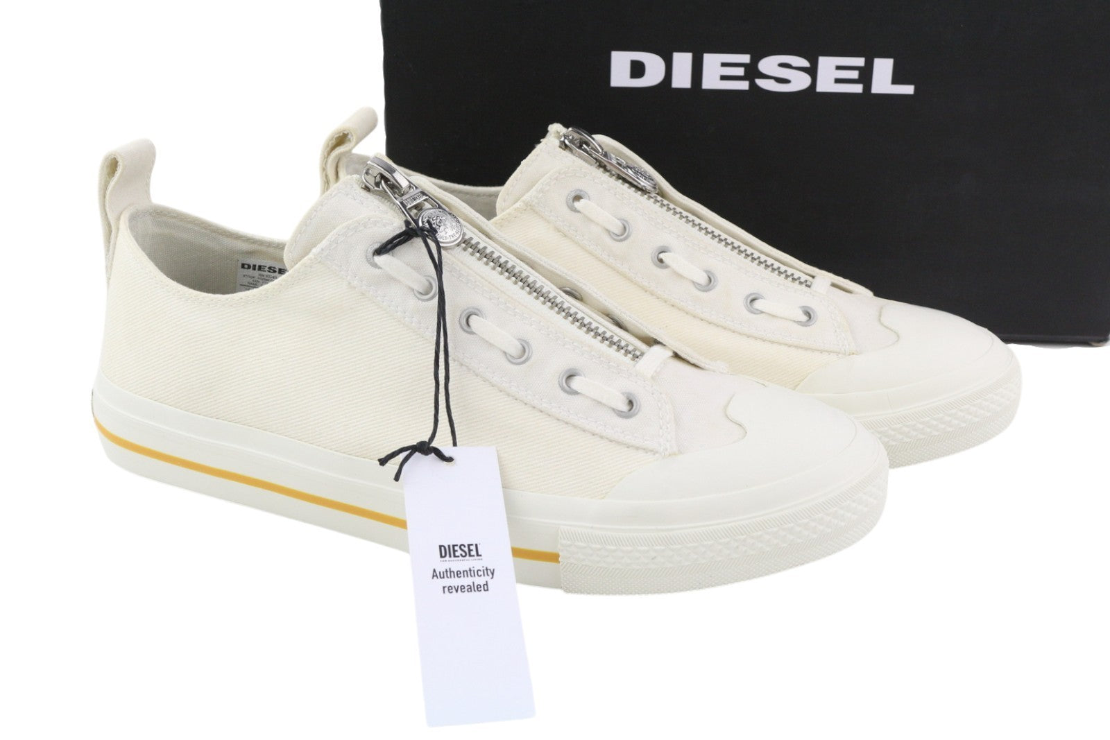 DIESEL S-Astico L Zip Men Sneakers EU44.5 White Zipper Low Almond Toe RRP€160