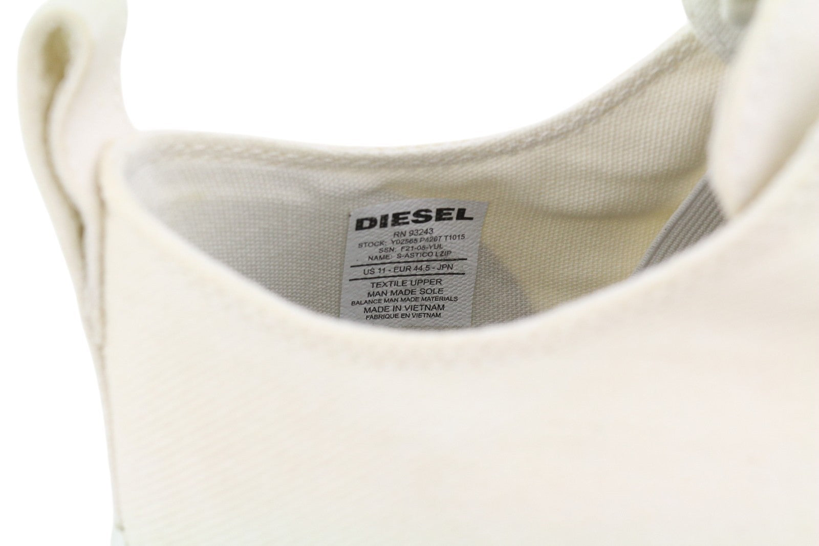 DIESEL S-Astico L Zip Men Sneakers EU44.5 White Zipper Low Almond Toe RRP€160