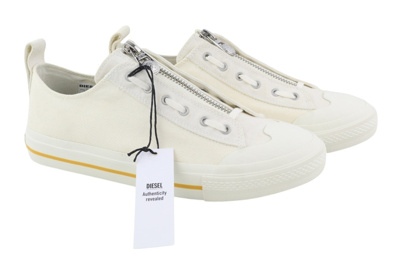 DIESEL S-Astico L Zip Men Sneakers EU44.5 White Zipper Low Almond Toe RRP€160