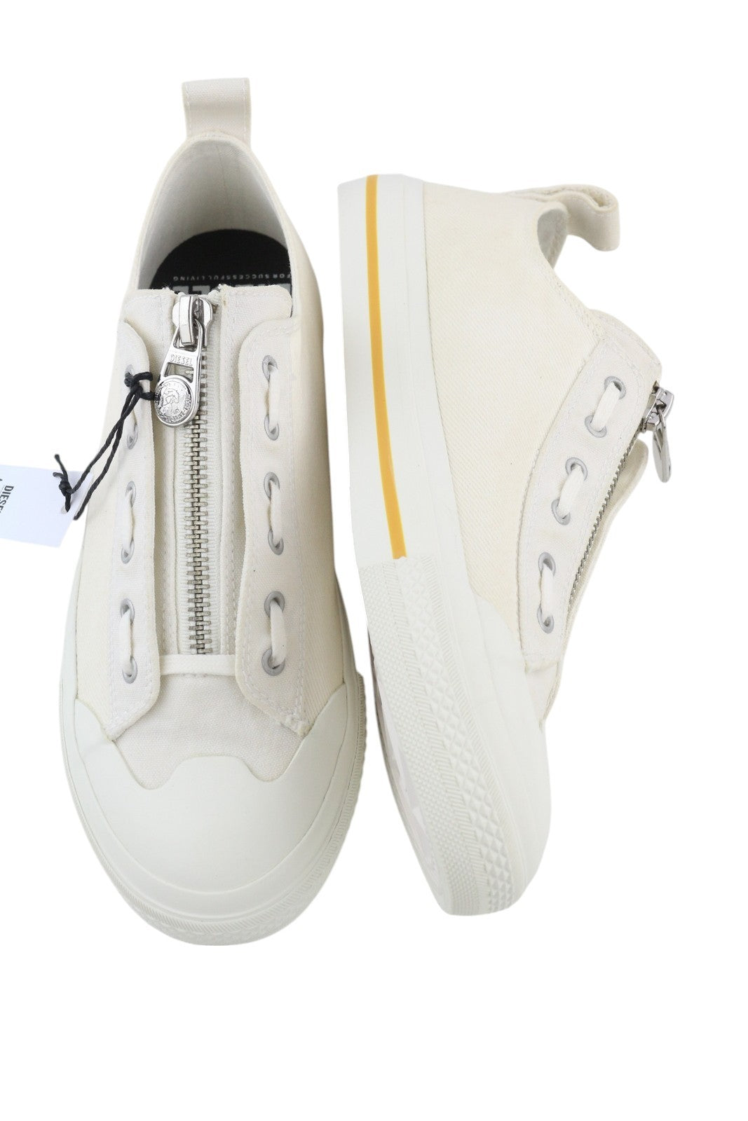 DIESEL S-Astico L Zip Men Sneakers EU44.5 White Zipper Low Almond Toe RRP€160
