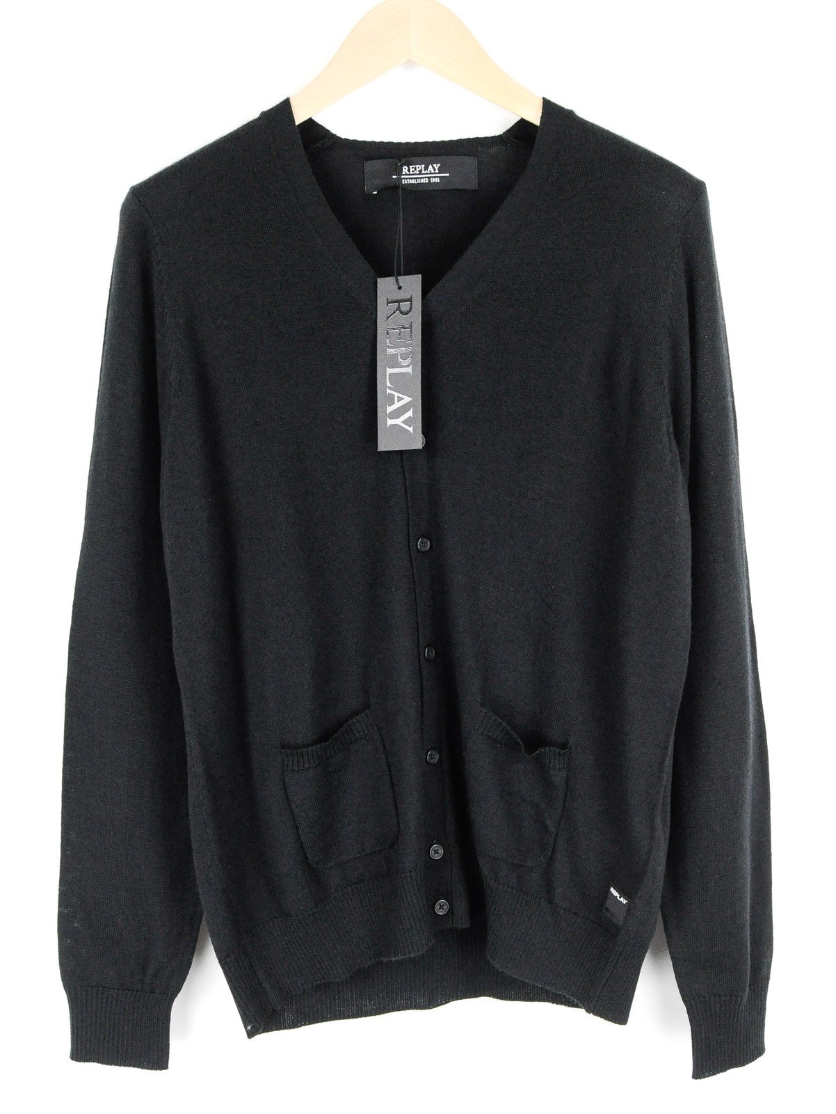 REPLAY Jumper M Black Wool Blend Long Sleeve Men's Knitted Cardigan Casual