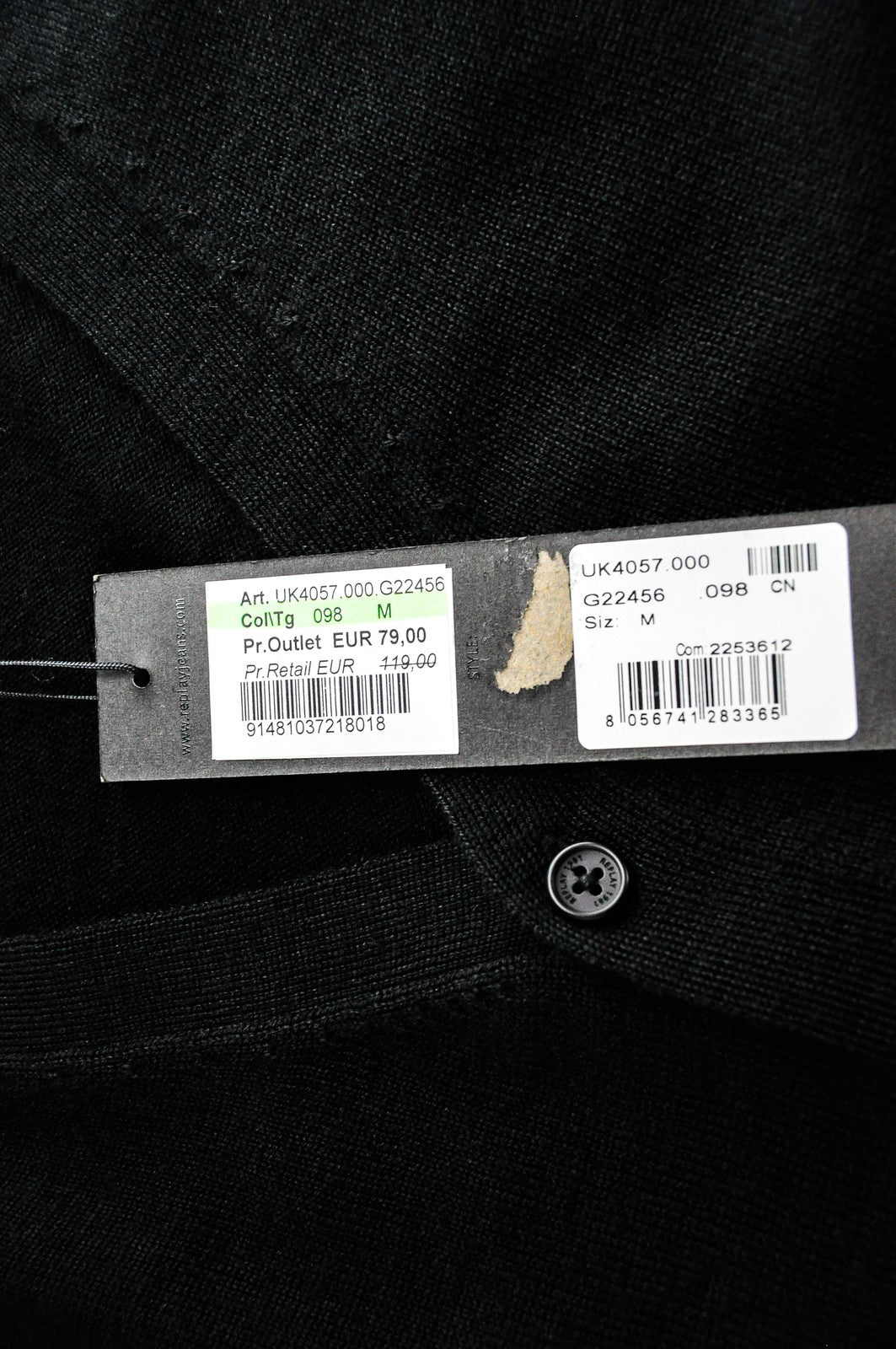 REPLAY Jumper M Black Wool Blend Long Sleeve Men's Knitted Cardigan Casual