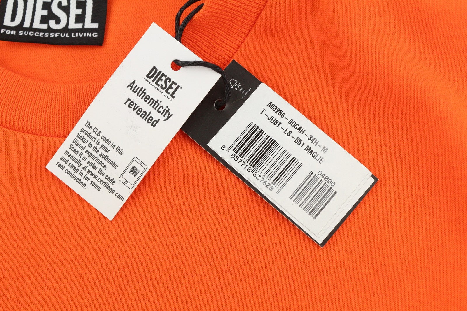 DIESEL T-Just-LS-B51 Mens T-Shirt M Orange Crew Neck Long Sleeve Cotton RRP€80