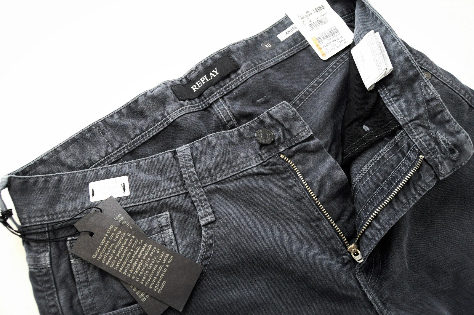 REPLAY Anbass Mens Jeans W30/L34 Slim Grey-Blue Washed Cotton Stretchy Pants