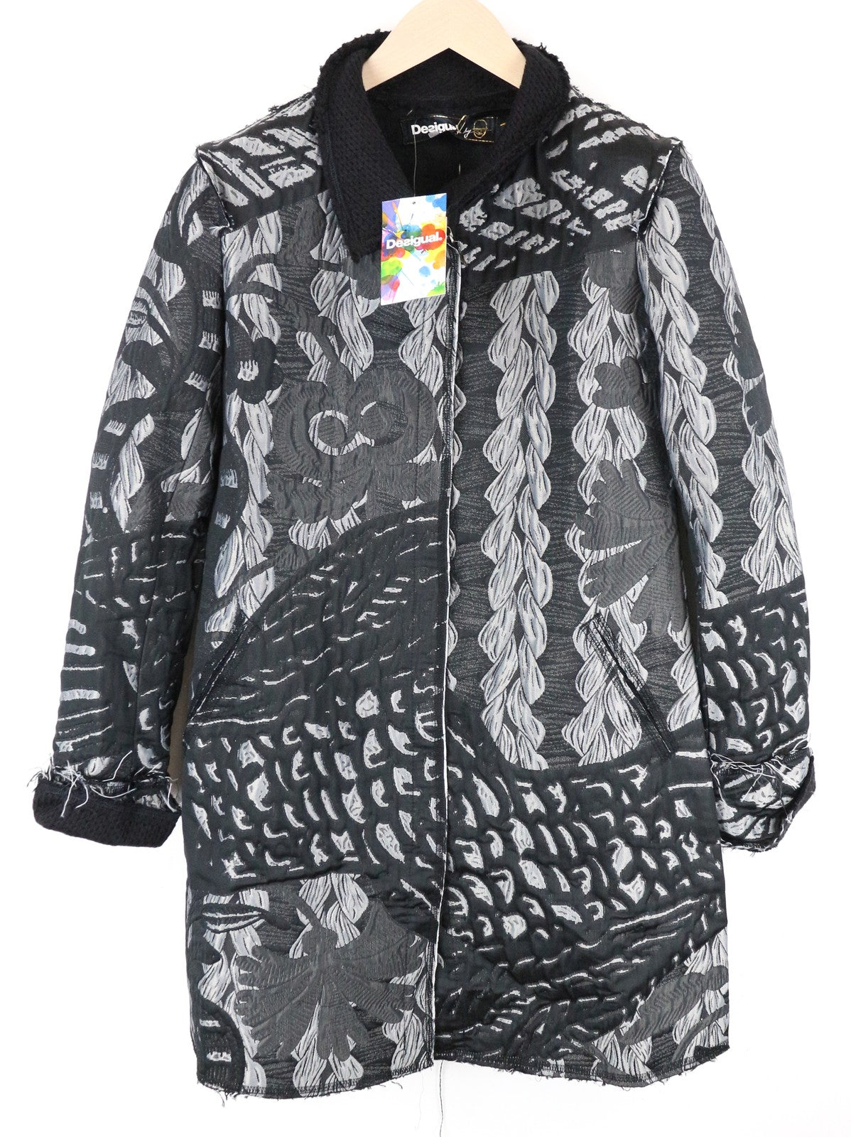 DESIGUAL Women's Coat 38 Grey Patterned Long Sleeve Collared Single Breasted
