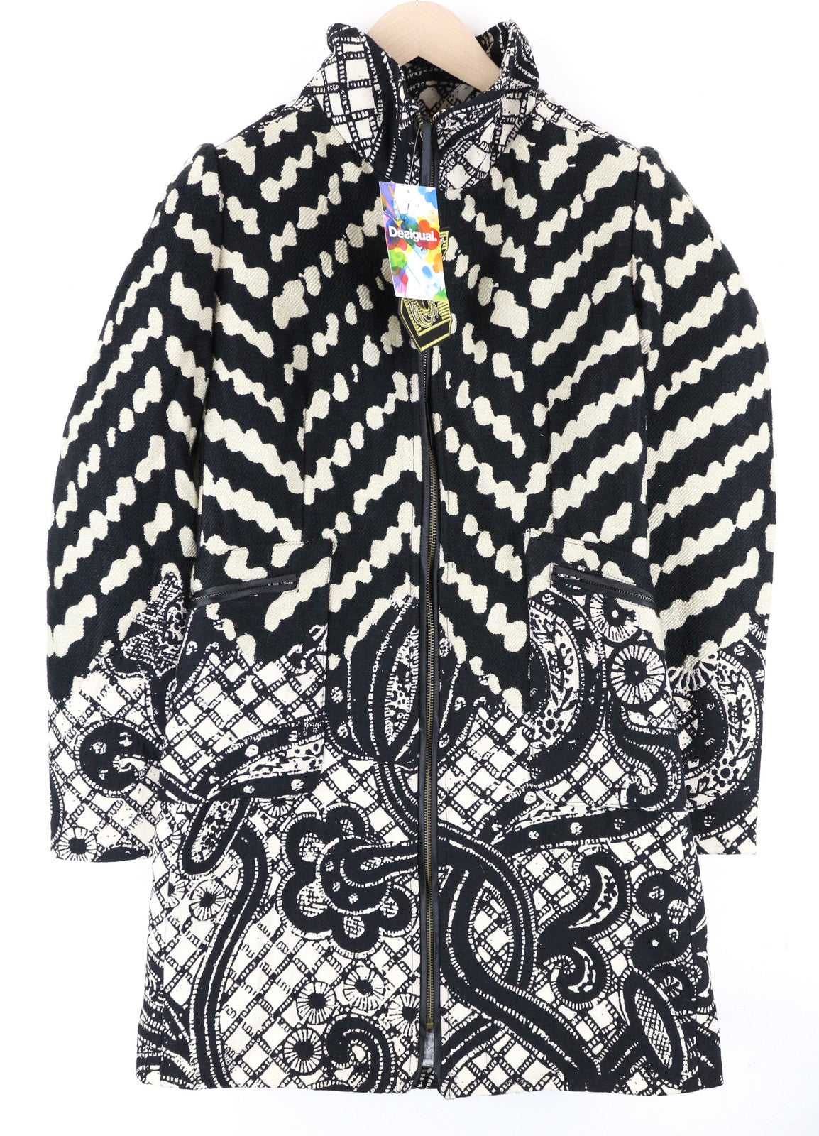 DESIGUAL Kytzia Women's Coat 38 Patterned Wool Blend Grey Single Breasted Lined