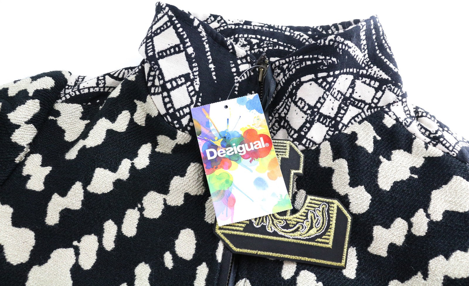 DESIGUAL Kytzia Women's Coat 38 Patterned Wool Blend Grey Single Breasted Lined