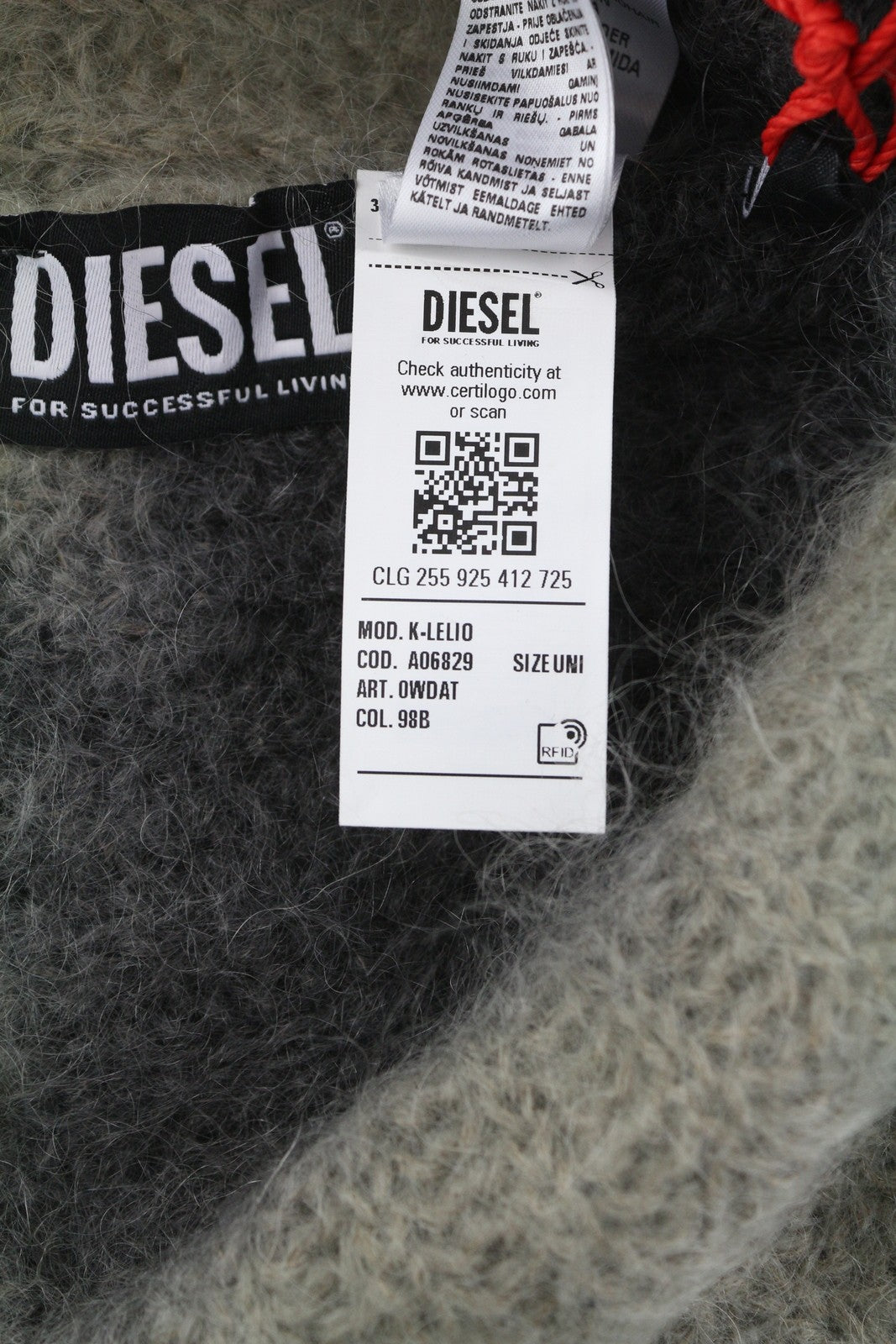 DIESEL K-Lelio Men Hat OS Grey Wool Blend Knitted Soft Stretchy RRP120