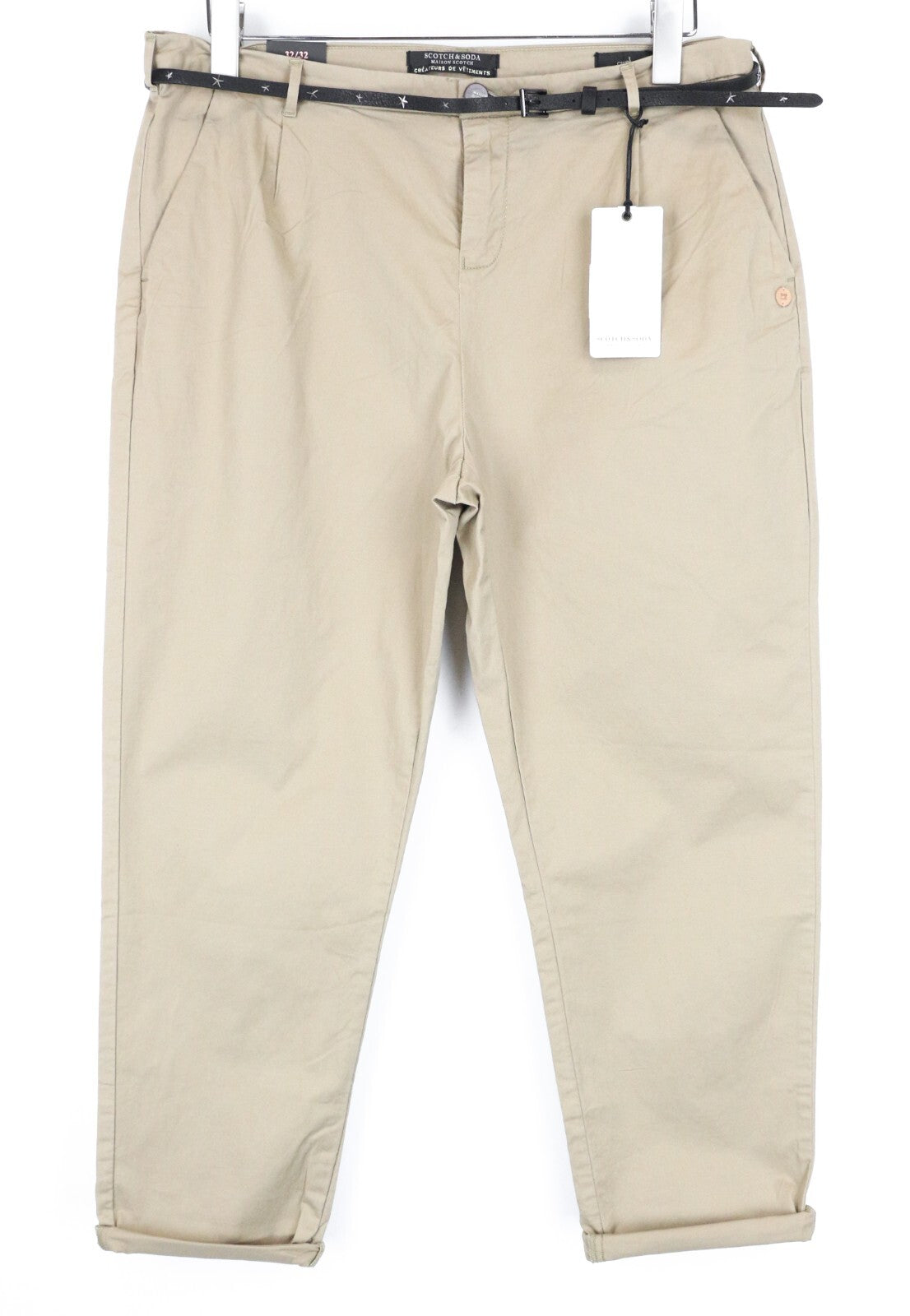 MAISON SCOTCH Women's Trousers W32/L32 Brown Cotton Cropped Pleated Chino Pants