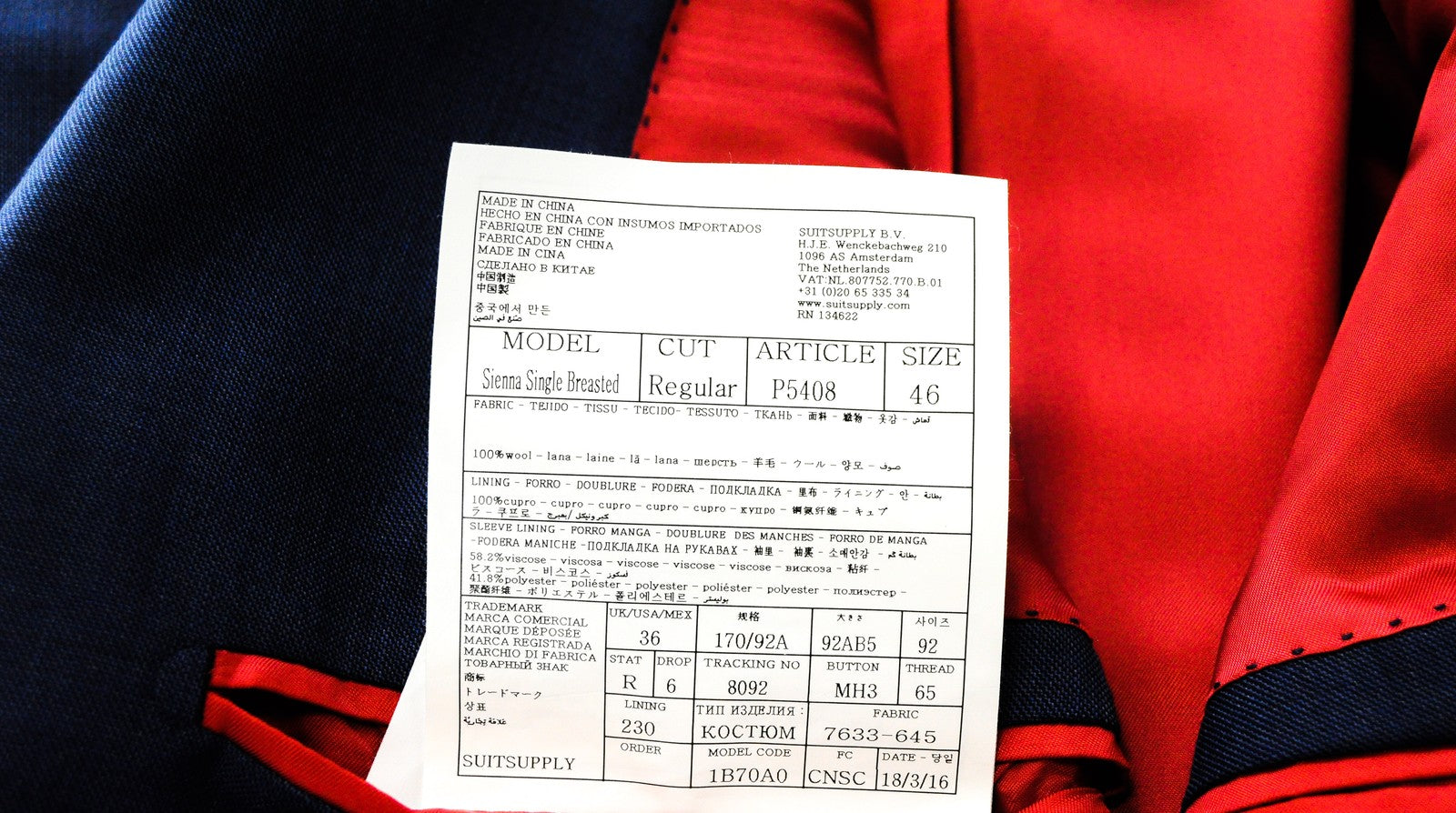 SUITSUPPLY Sienna Mens Blazer UK36R  Wool Super 140's Blue