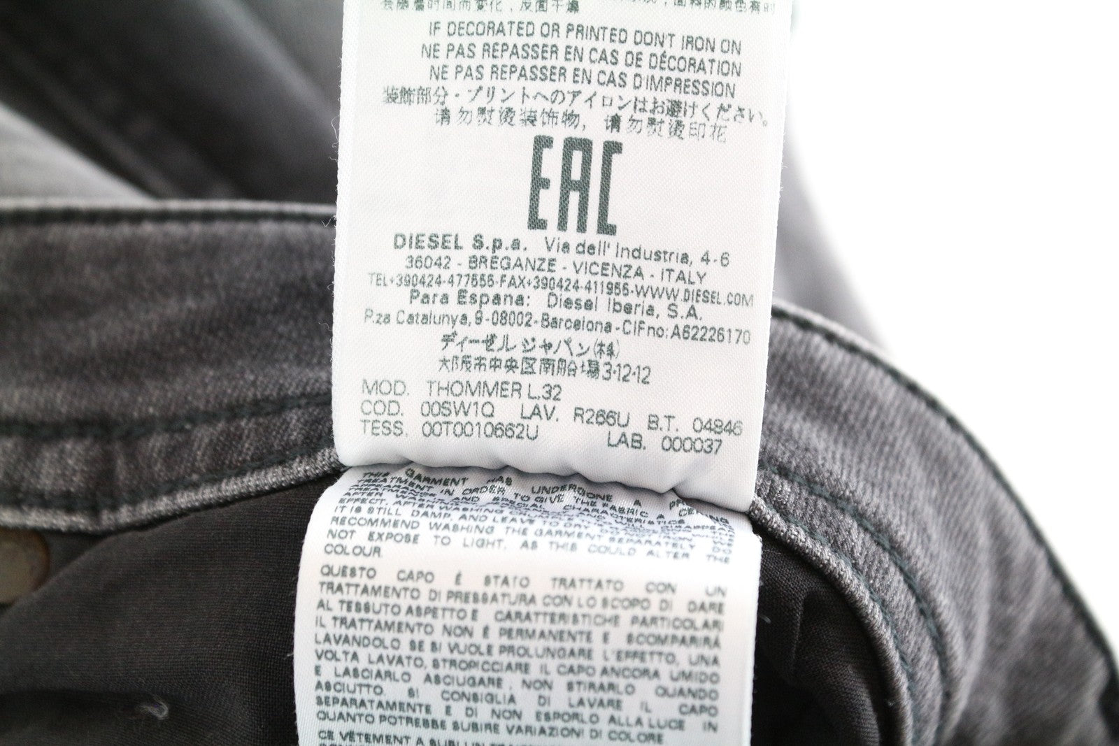 DIESEL Thommer R266U Men's Jeans W38/L32 Slim Skinny Fit Ripped Grey Cotton