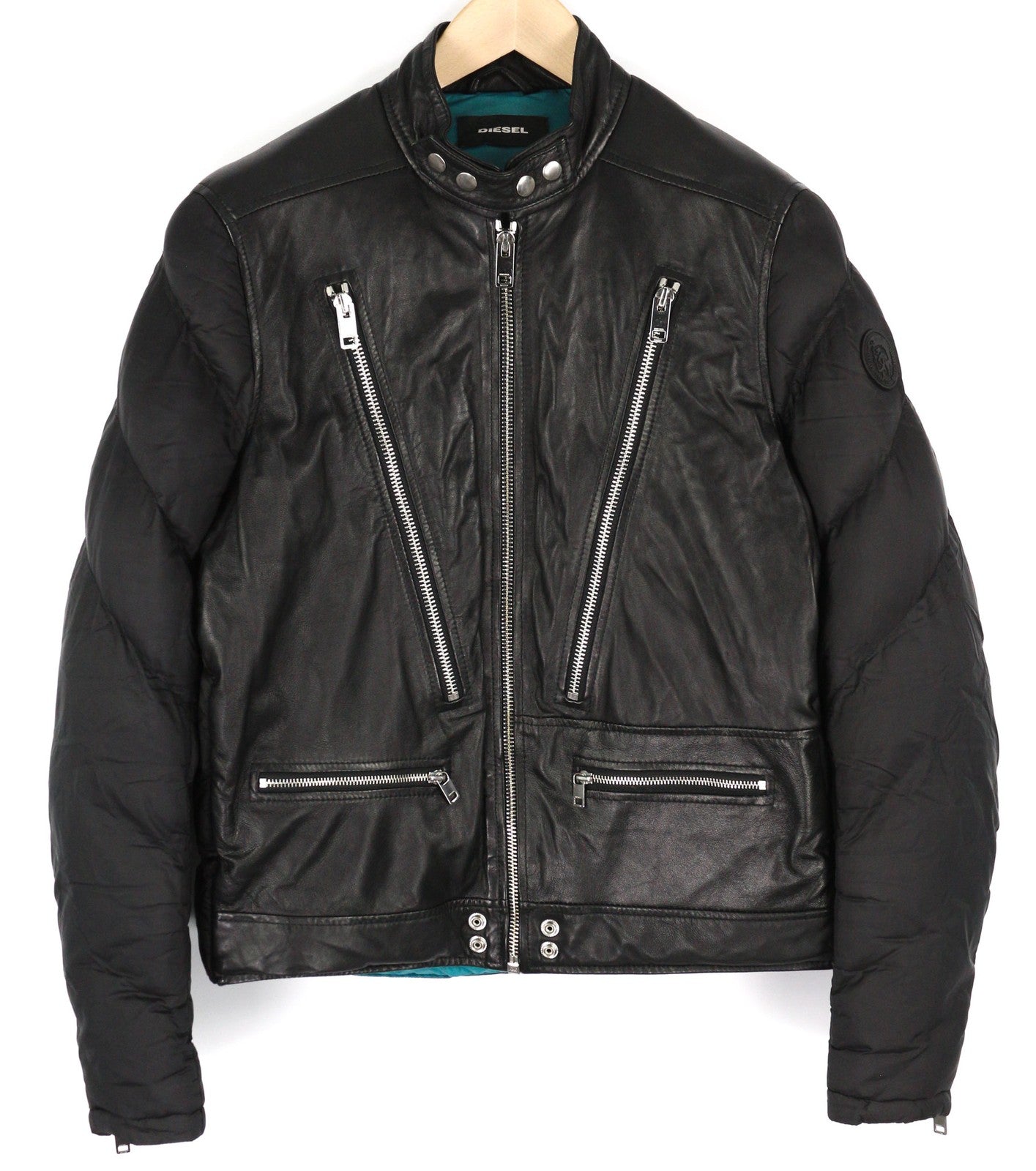 DIESEL L-Winter Mens Jacket M Black Lambskin Leather Padded Band Neck Lined