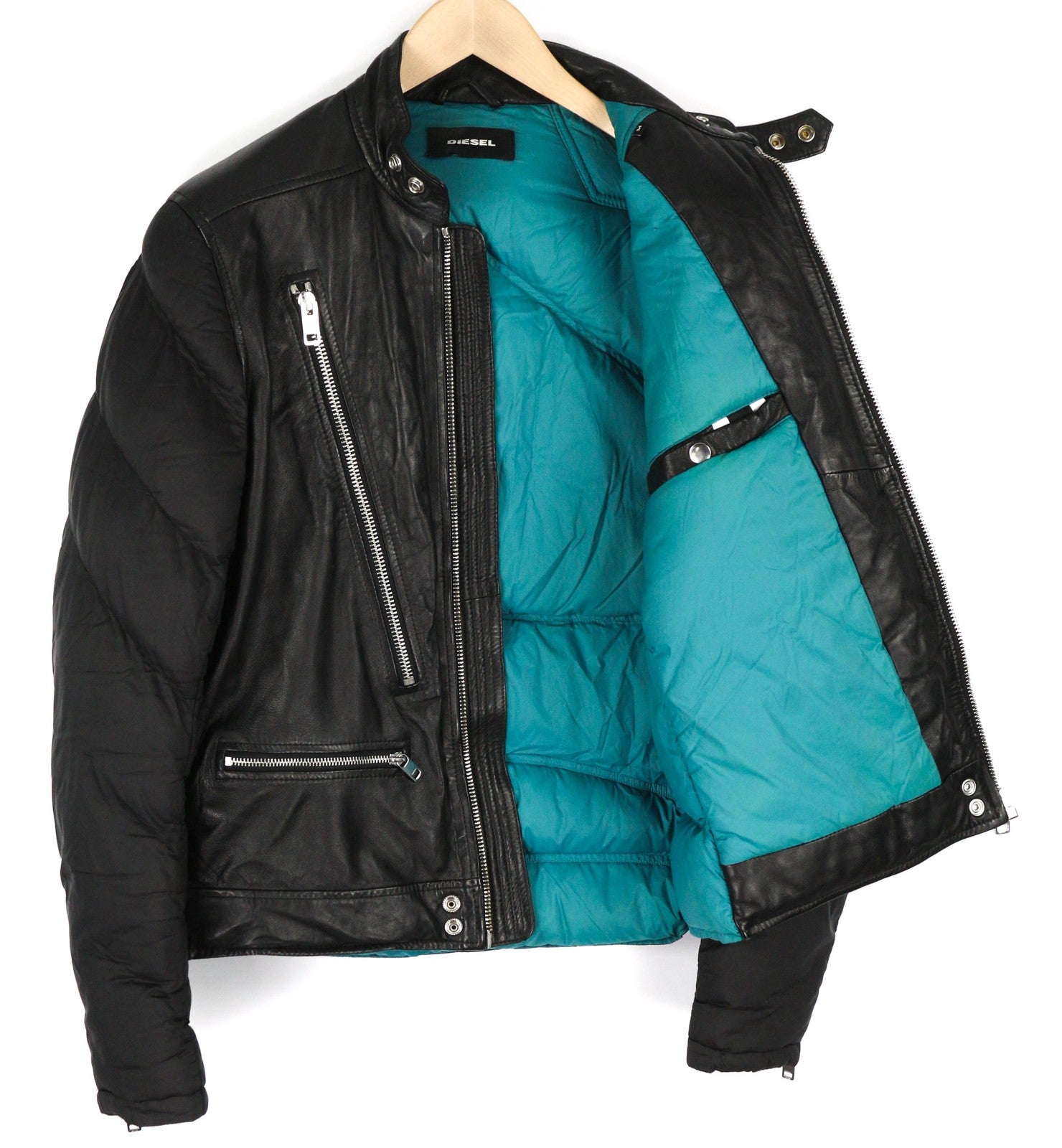 DIESEL L-Winter Mens Jacket M Black Lambskin Leather Padded Band Neck Lined