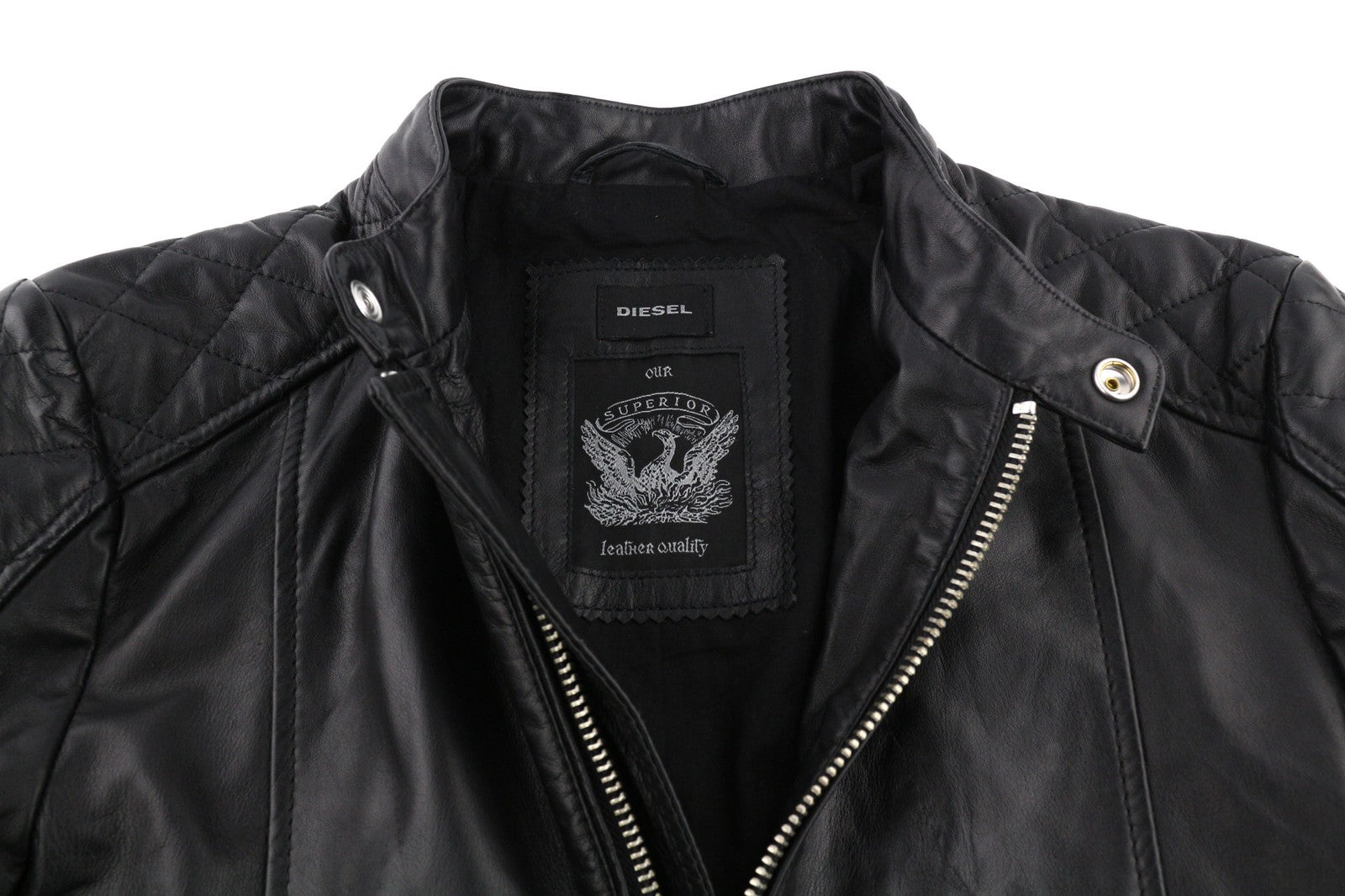 DIESEL L-Marton Mens Jacket S Black Leather Band Neck Zipper Lined Lightweight