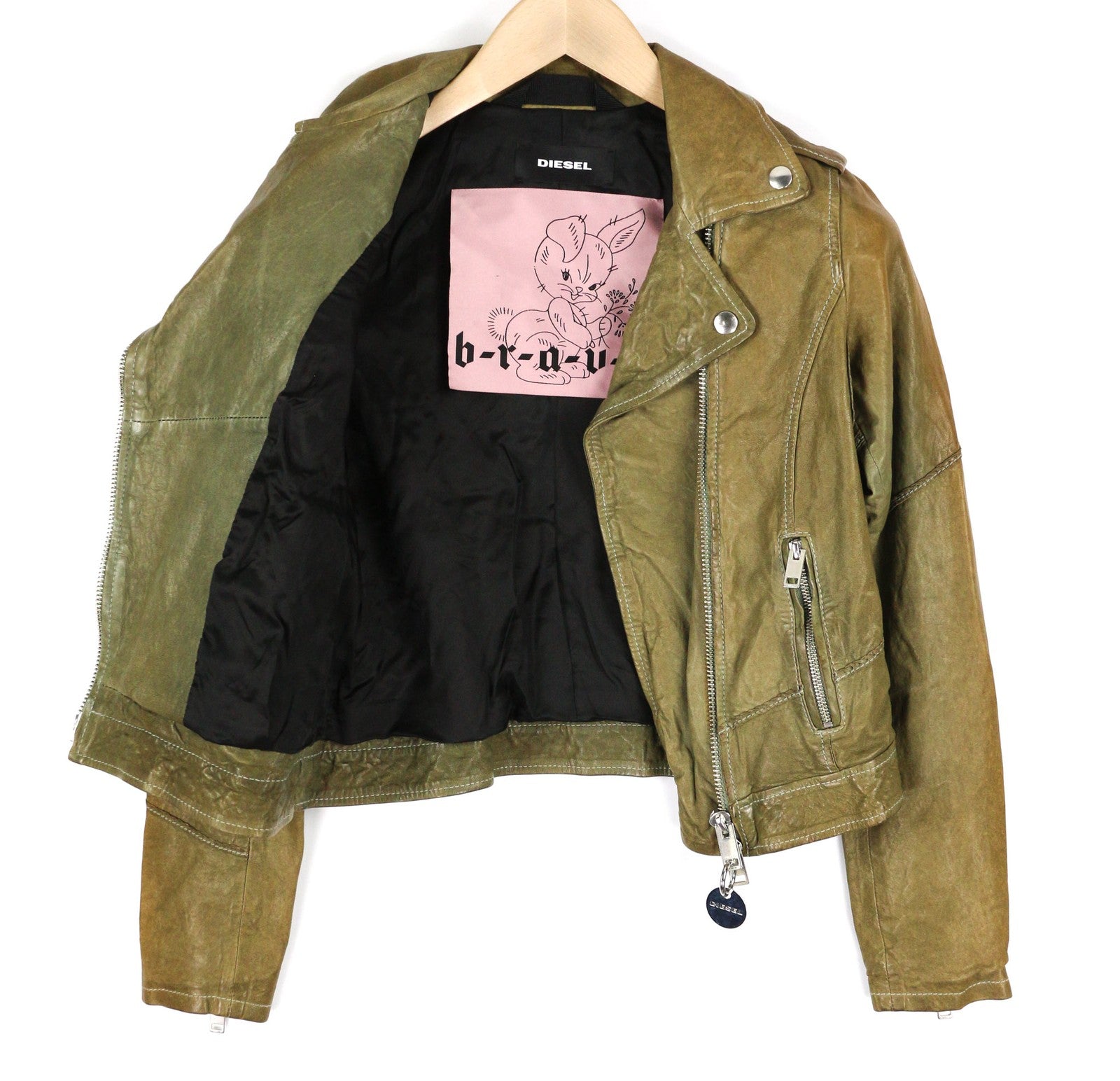 DIESEL R-Sery Womens Jacket XS Lambskin Leather Asymmetrical Zipper Notch Lapel