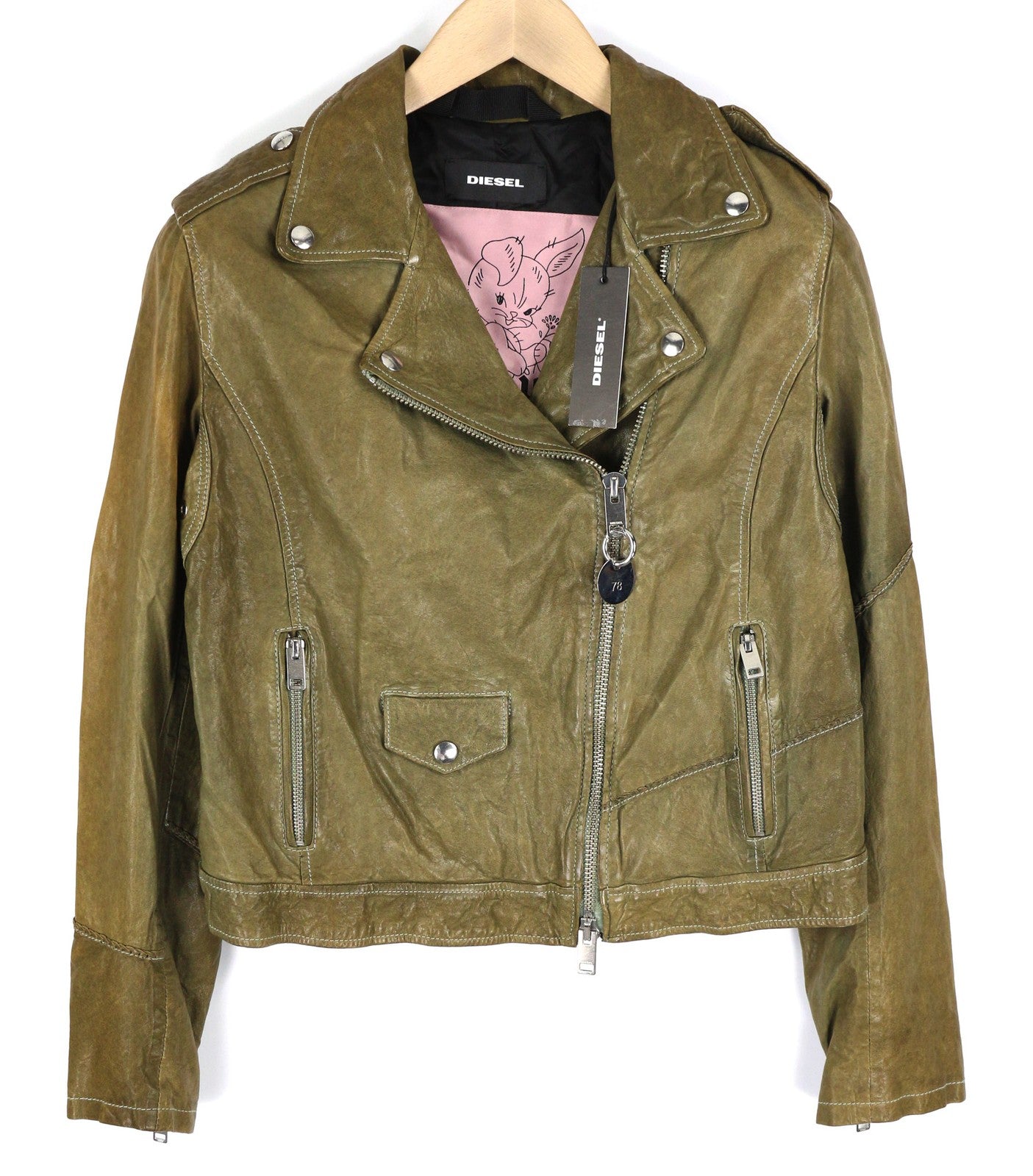 DIESEL R-Sery Womens Jacket L Lambskin Leather Asymmetrical Zipper Notch Lapel