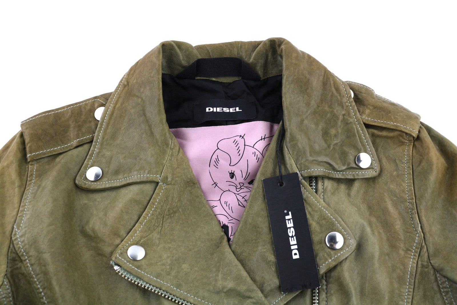 DIESEL R-Sery Womens Jacket L Lambskin Leather Asymmetrical Zipper Notch Lapel