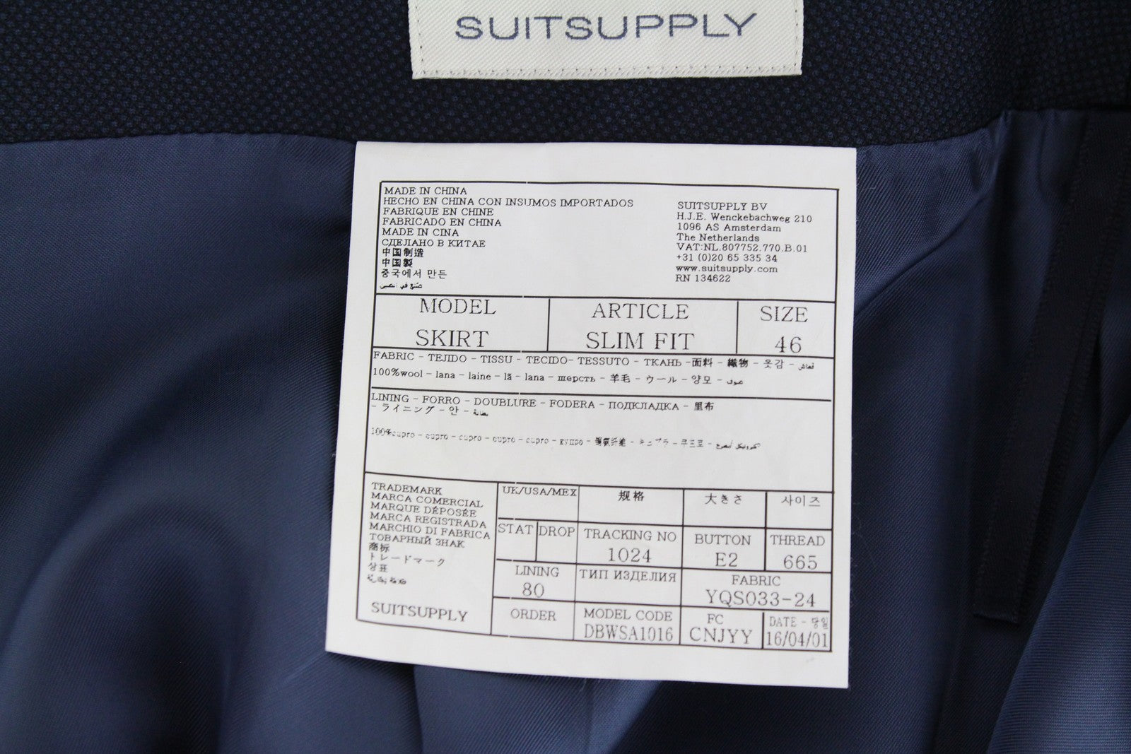 SUITSUPPLY Women's Skirt 46 Navy Pure Wool Zipped Slim Fit Formal Mini