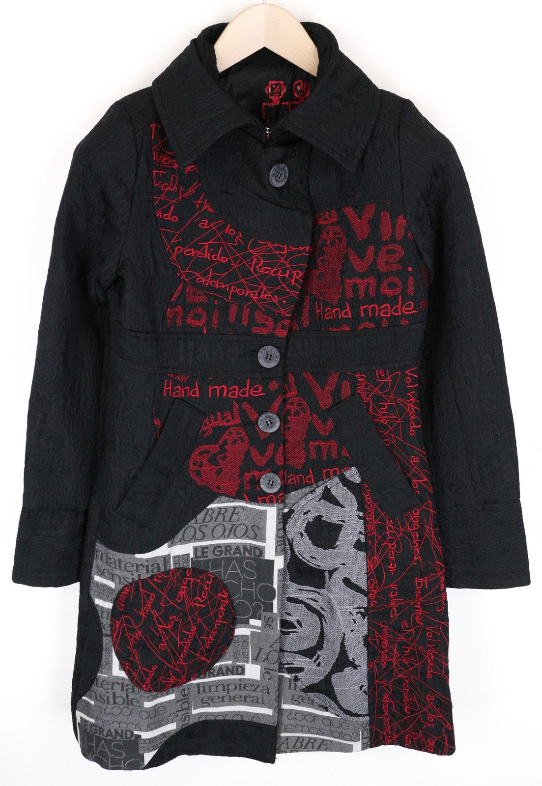 DESIGUAL Women's Coat ~38 Black Crinkle Cotton Blend Single-Breasted