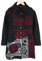 DESIGUAL Women's Coat ~38 Black Crinkle Cotton Blend Single-Breasted