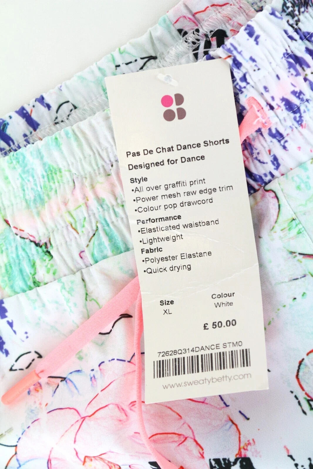 SWEATY BETTY Pas De Chat Women's Shorts XL White Printed Stretch Fit