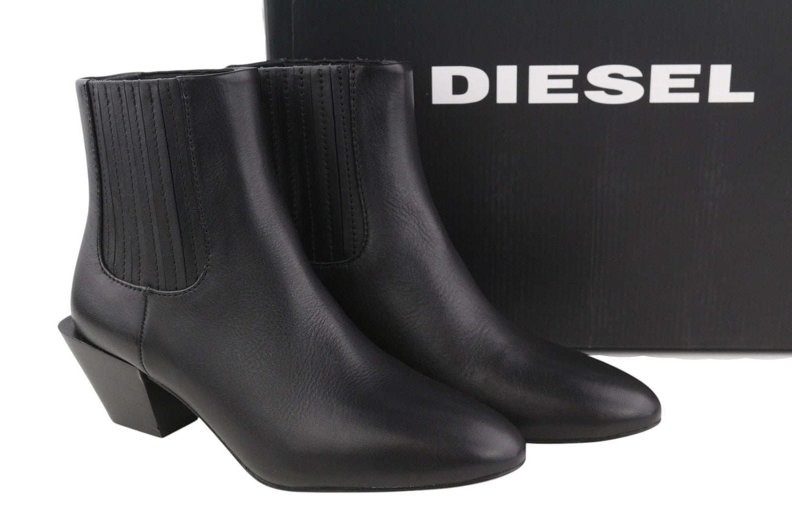 DIESEL D-Texanne CH Women Boots EU38 Black Leather Almond Ankle Top RRP€290 Heel