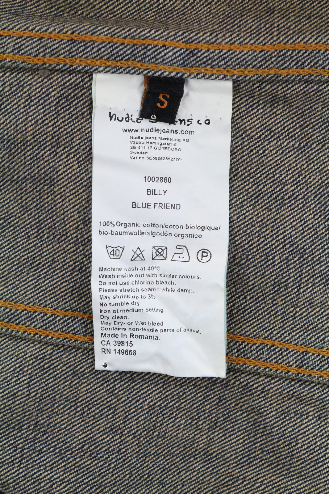 NUDIE Billy Men Jacket S Blue Friend Organic Buttoned  Neck Washed Denim