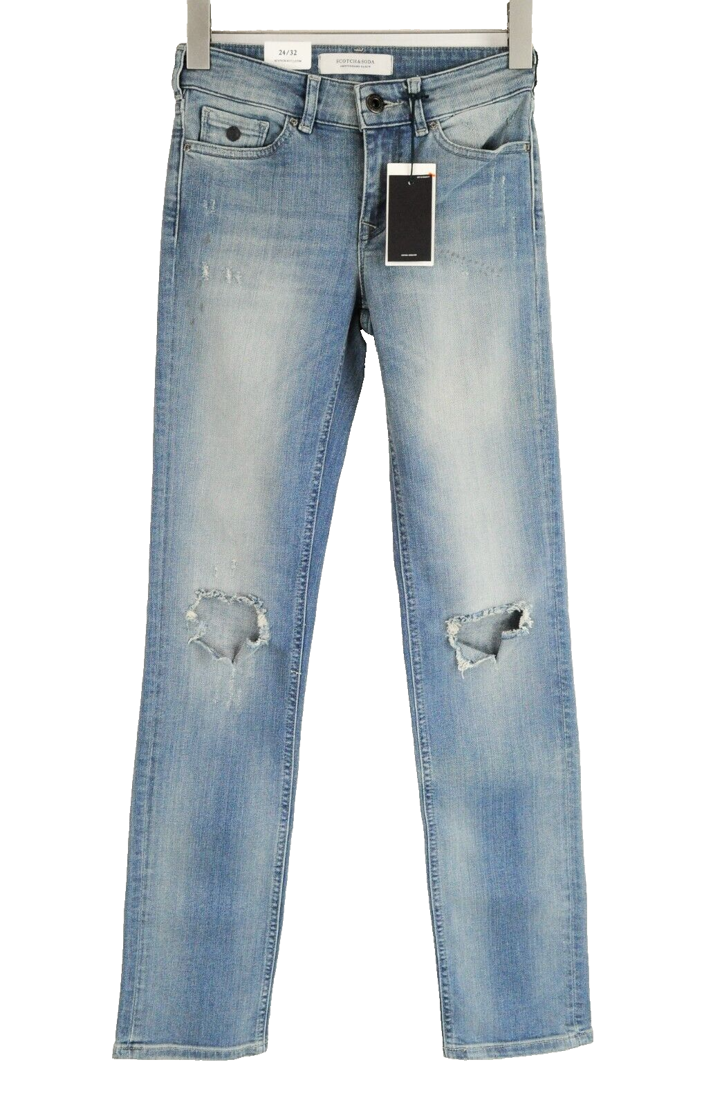 SCOTCH & SODA Womens Jeans W24/L32 Slim Straight Ripped Light Blue Denim Casual
