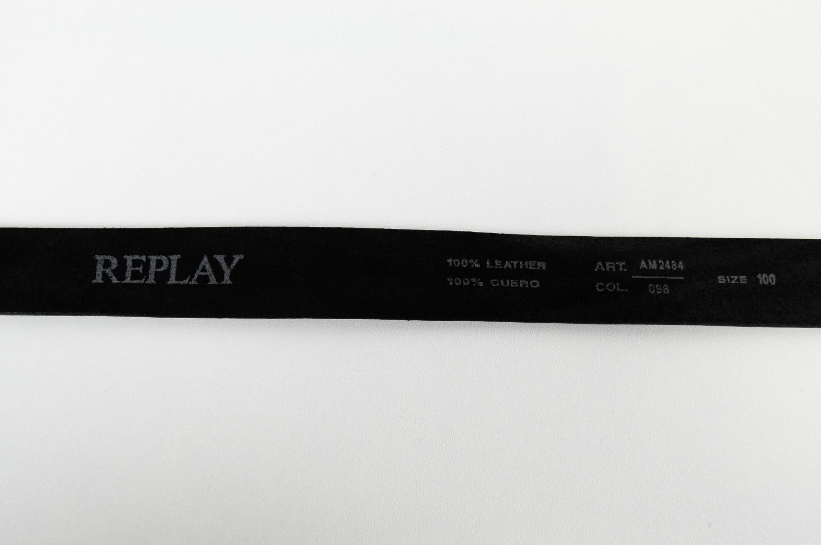 REPLAY Mens Belt 100 CM Black Leather Casual Metal Buckle Engraved Slim Design