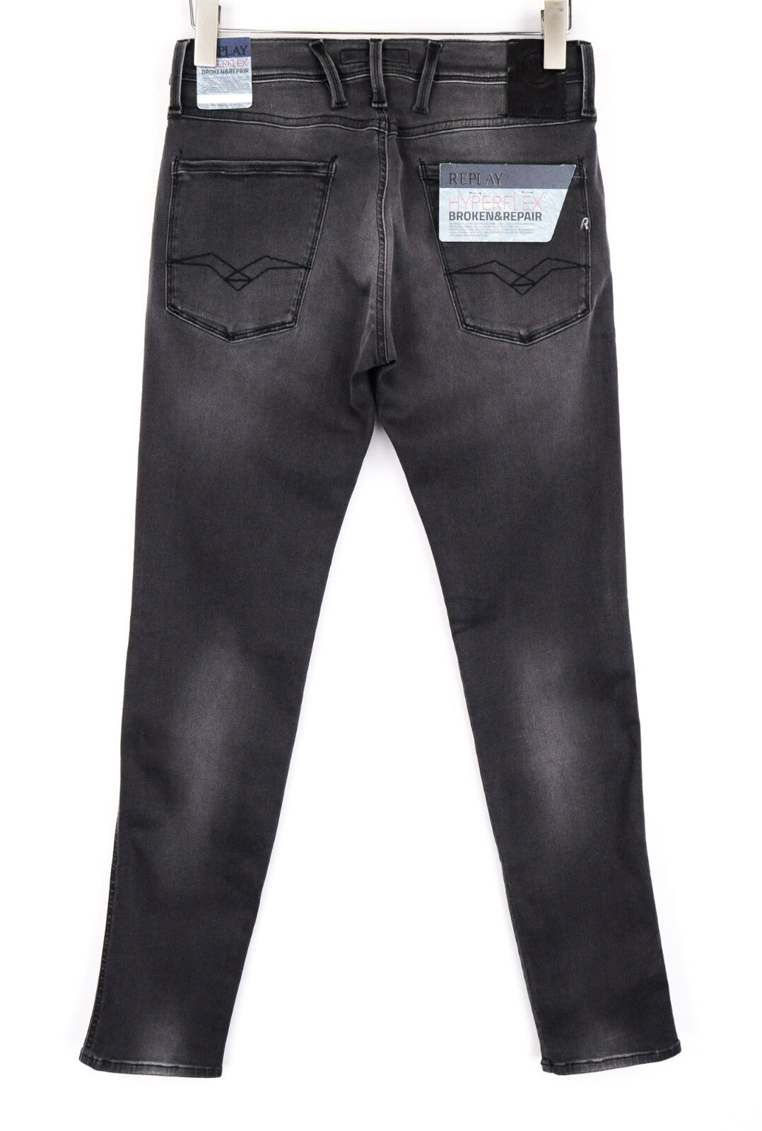 REPLAY Mens Jeans W28/L32 Anbass Grey Hyperflex Slim  Distressed Zipped Denim