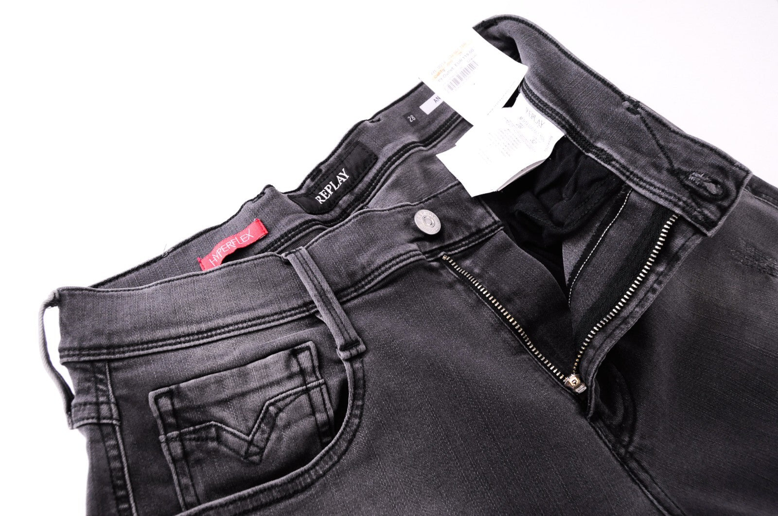 REPLAY Mens Jeans W28/L32 Anbass Grey Hyperflex Slim  Distressed Zipped Denim
