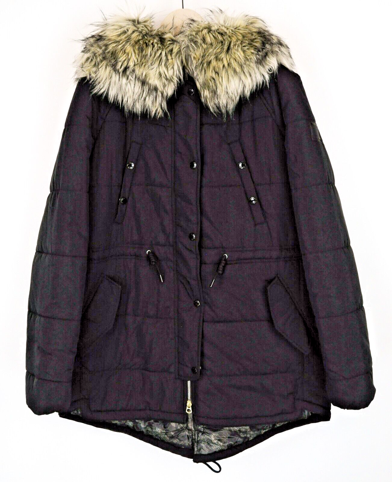 REPLAY Womens Jacket L Faux Fur Hooded Quilted Black Puffer Parka Long Sleeve