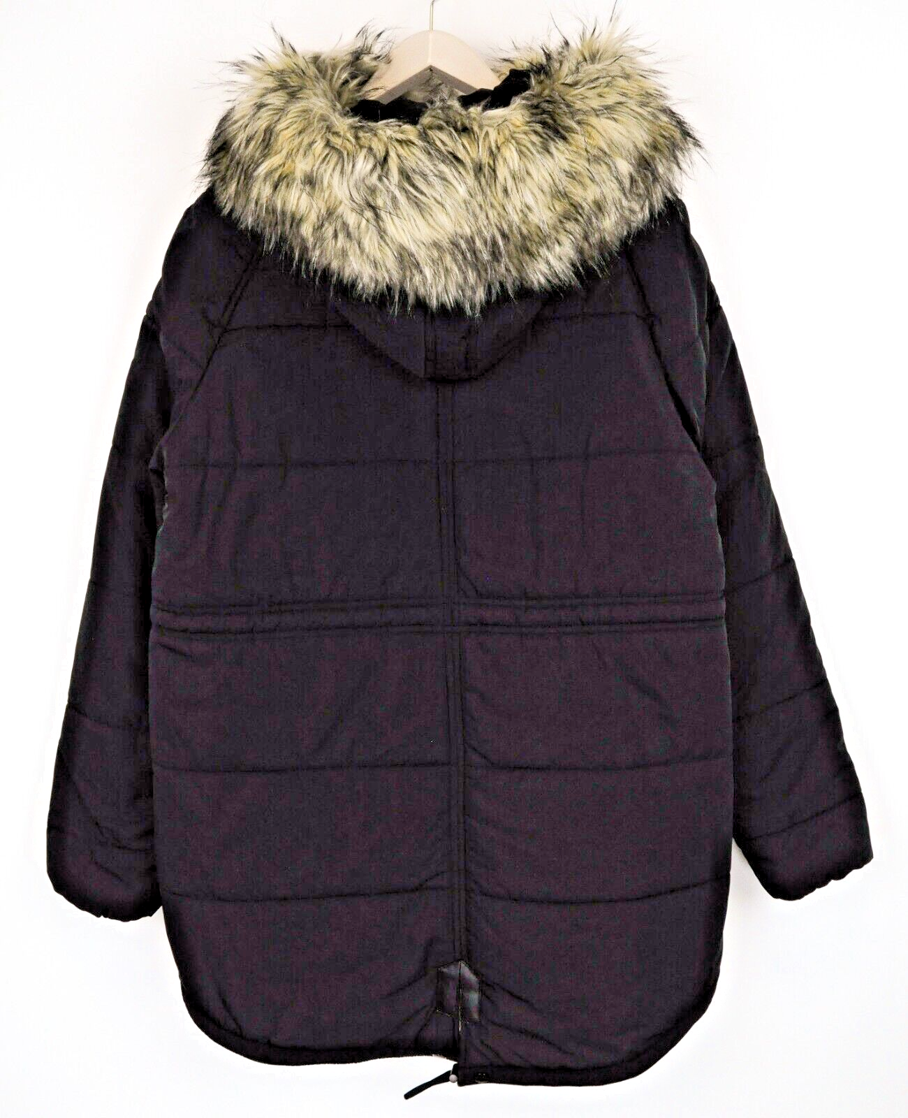 REPLAY Womens Jacket L Faux Fur Hooded Quilted Black Puffer Parka Long Sleeve