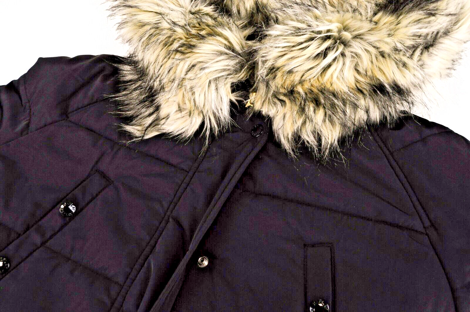 REPLAY Womens Jacket L Faux Fur Hooded Quilted Black Puffer Parka Long Sleeve
