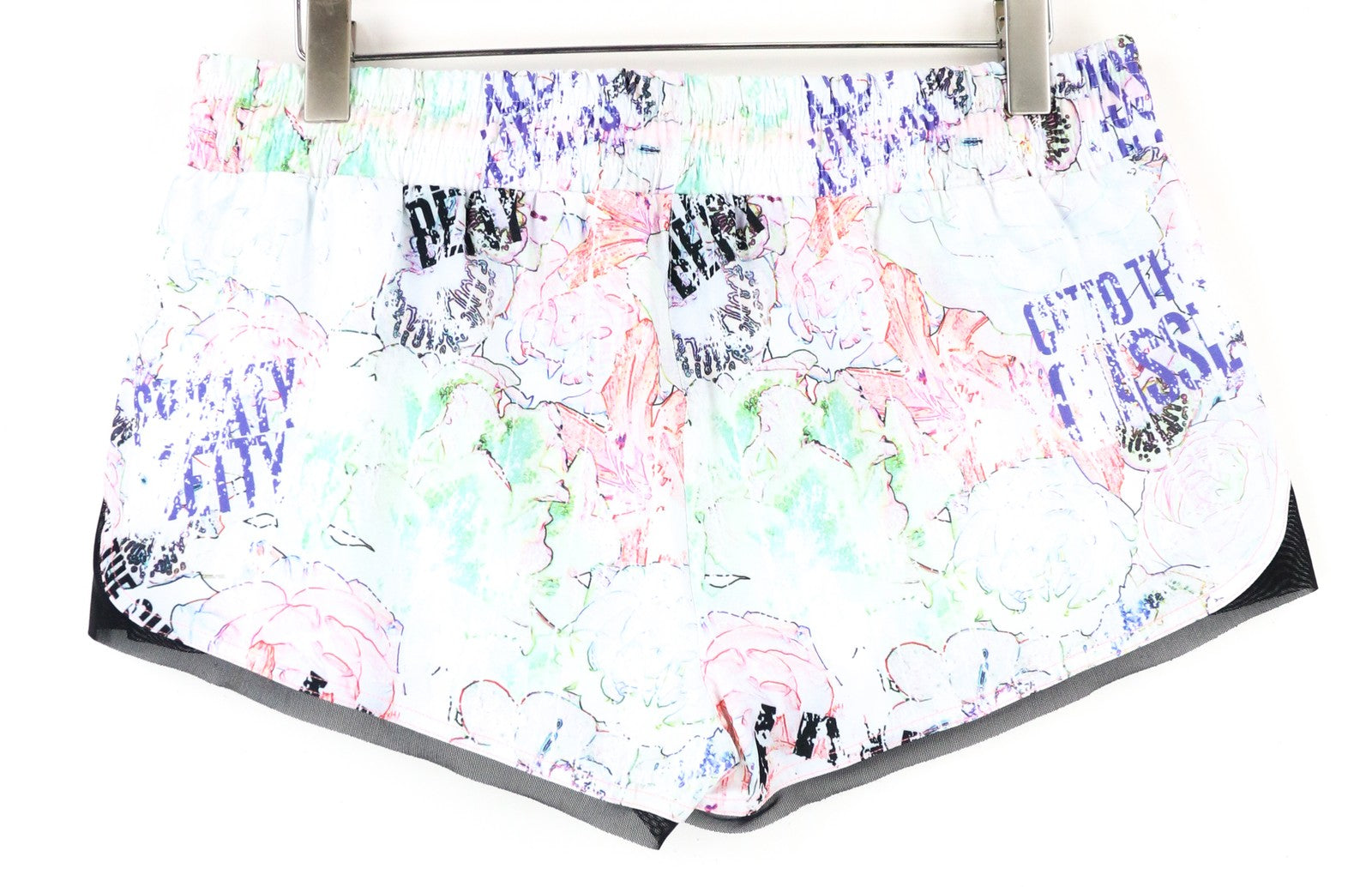 SWEATY BETTY Pas De Chat Dance Women's Shorts XL White Stretch Graffiti Printed