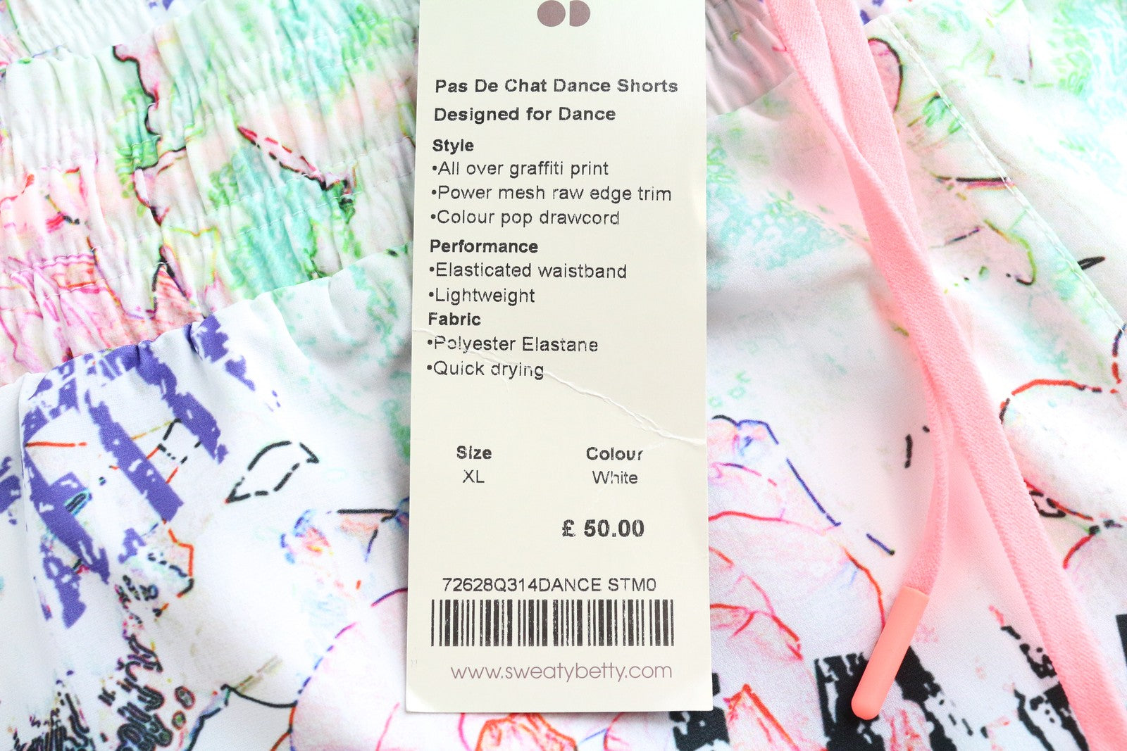SWEATY BETTY Pas De Chat Dance Women's Shorts XL White Stretch Graffiti Printed
