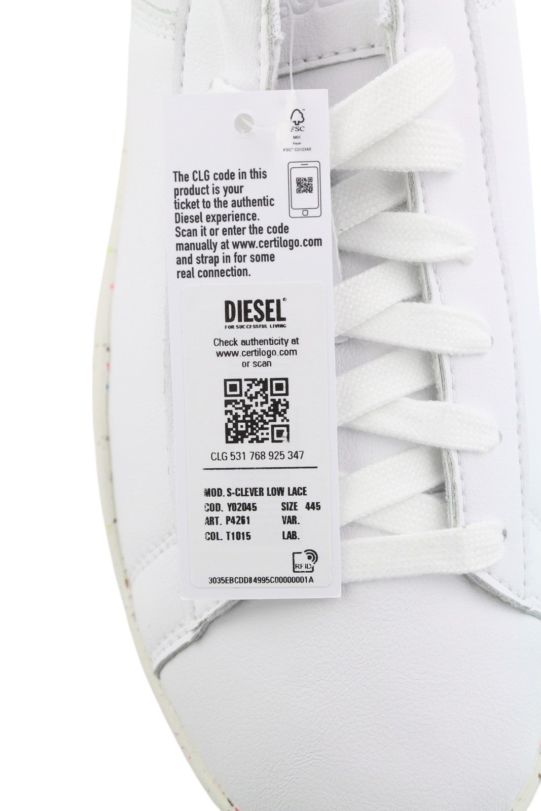 DIESEL S-Clever Low Lace Men's Sneakers EU44.5 White Leather Almond Toe RRP€140